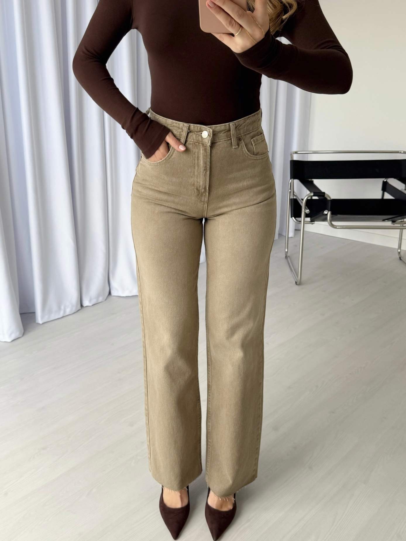 Eskitme Bej Kesik Paça Premium Straight Jean