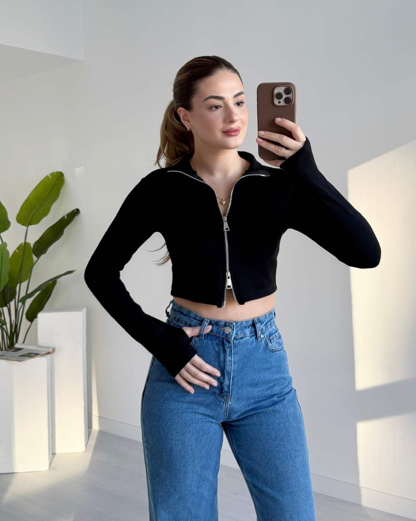 Parmak Detaylı Çift Fermuarlı Body - Siyah