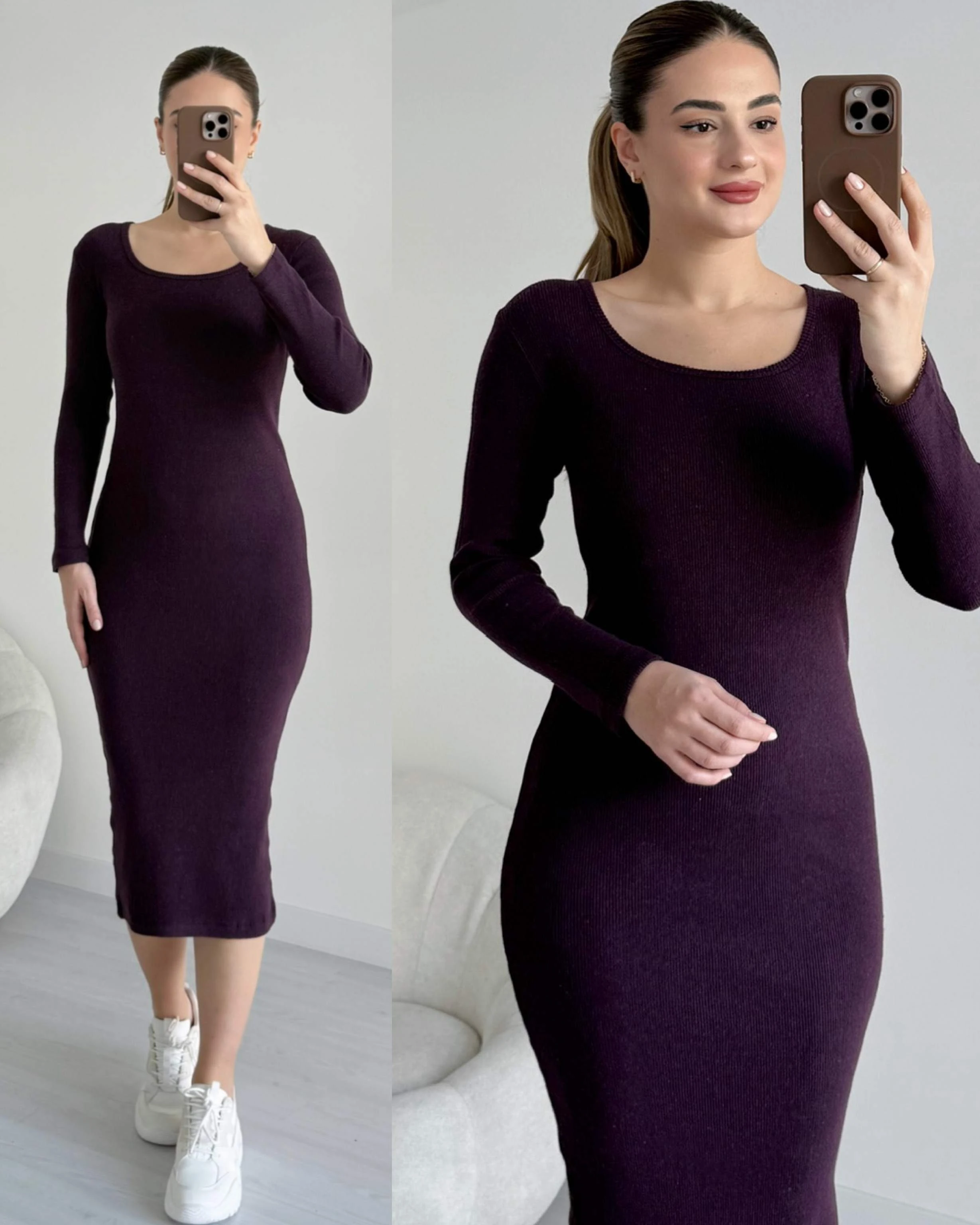 U Yaka Yumoş Basic Elbise - Mürdüm