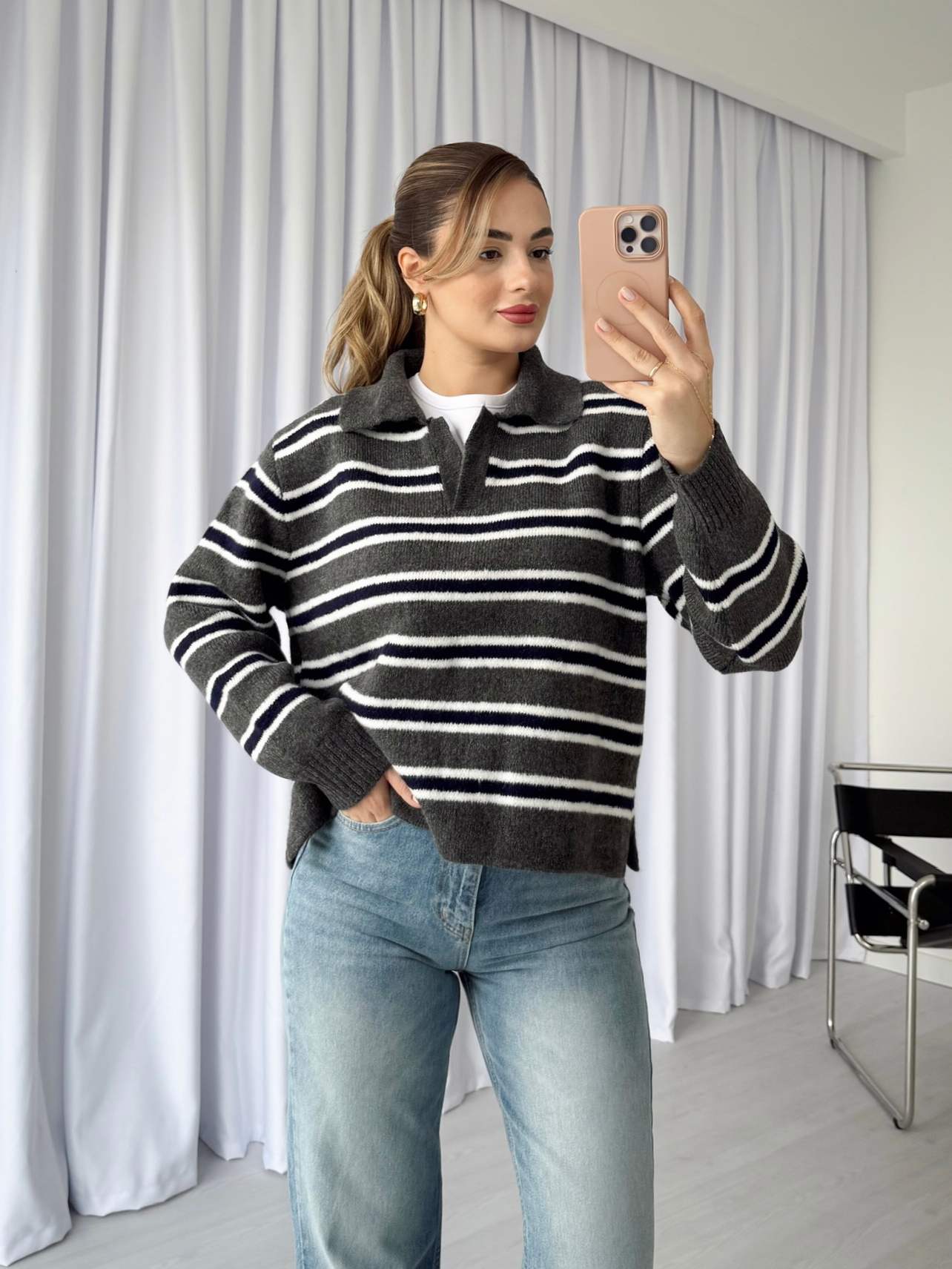 Polo Yaka Çizgili Kazak