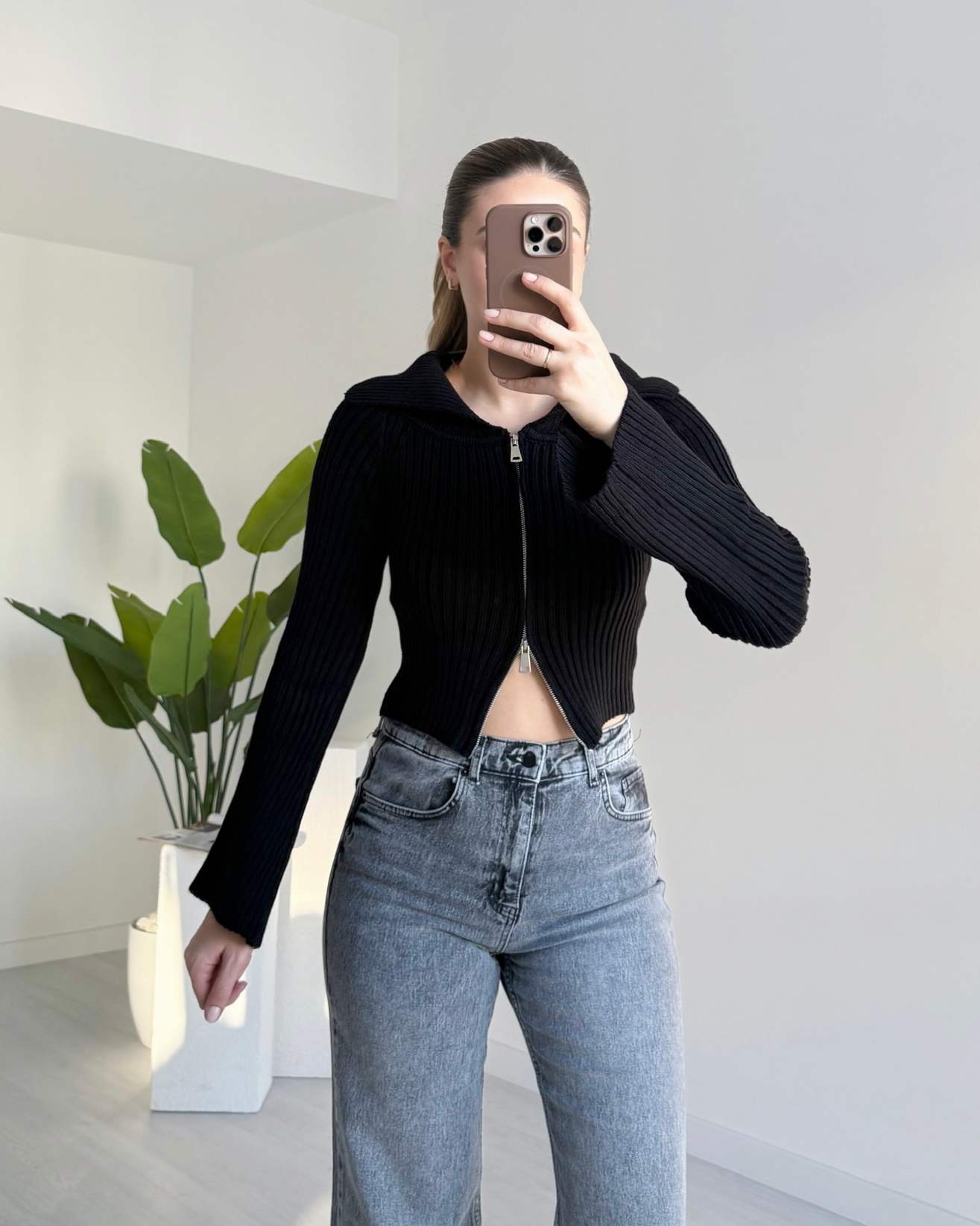 Çift Fermuarlı Geniş Yaka Hırka