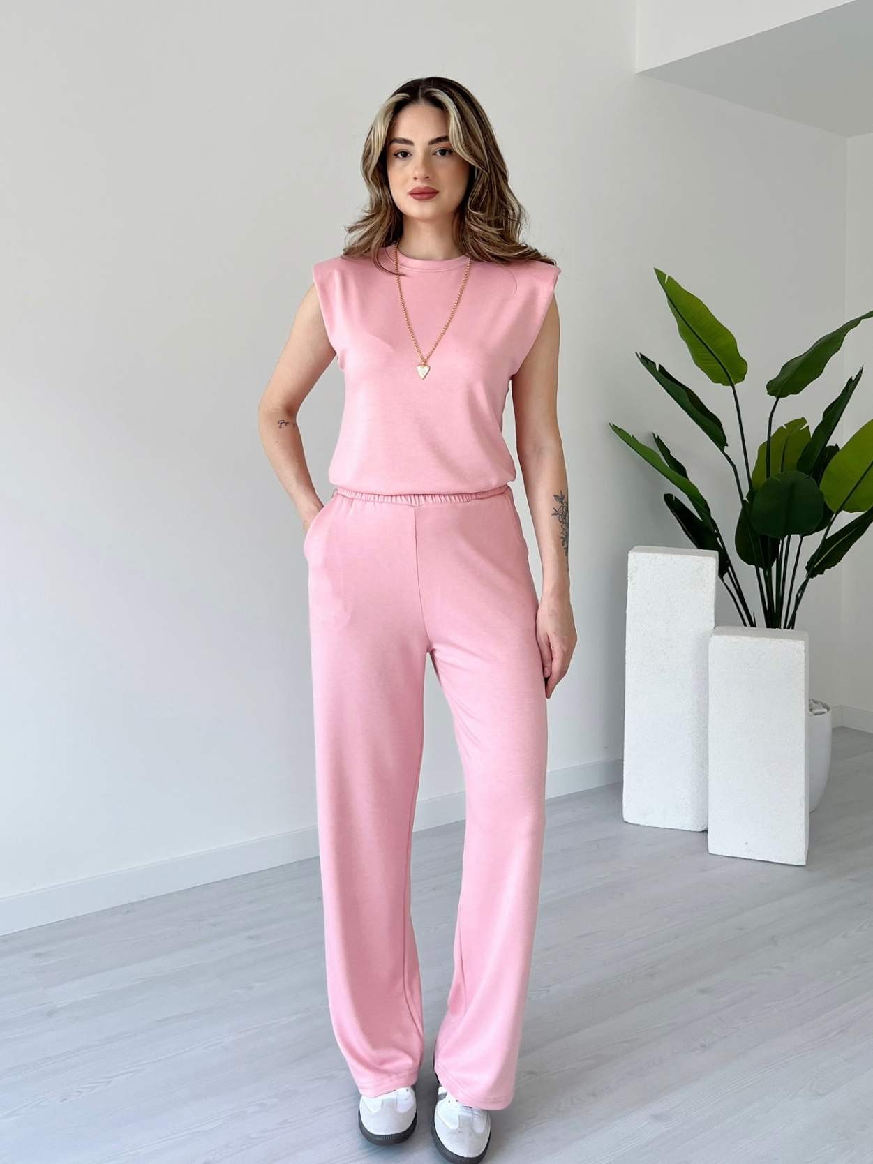 Omuz Vatkalı Modal Takım - Pembe