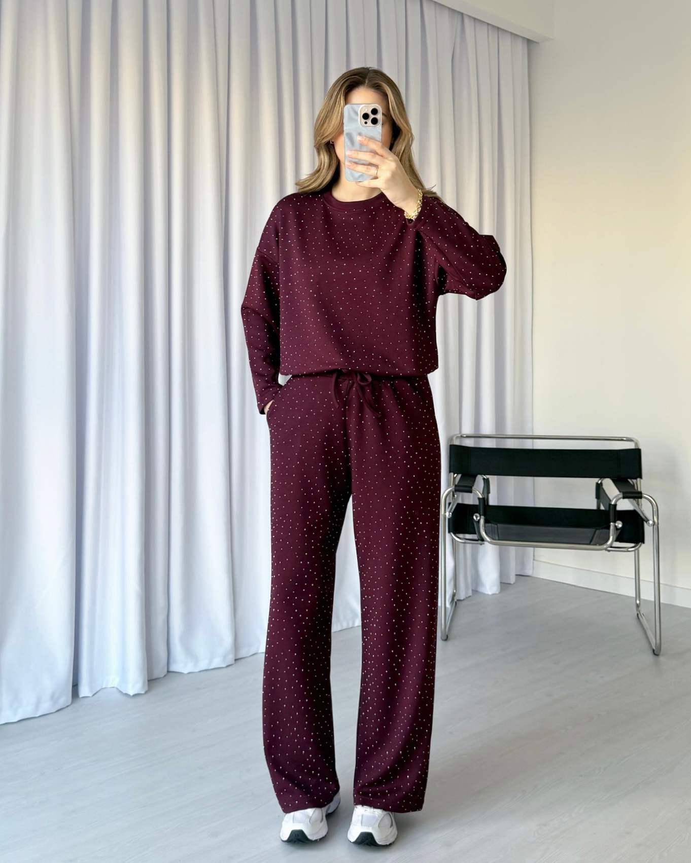 Modal Kumaş Işıltılı Takım - Bordo