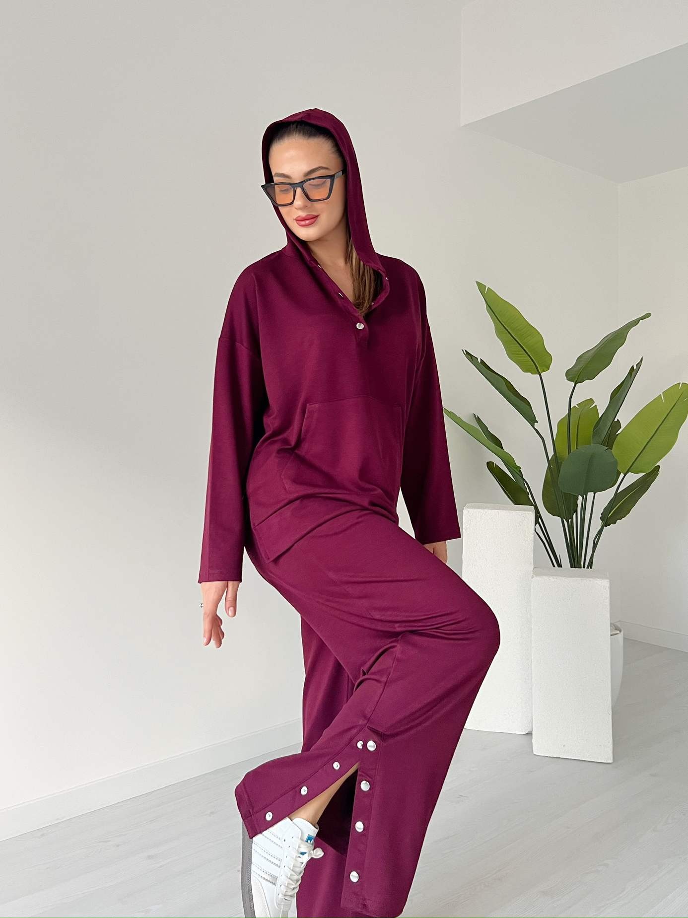 Kanguru Cep Çıtçıtlı Eşofman Takımı - Bordo