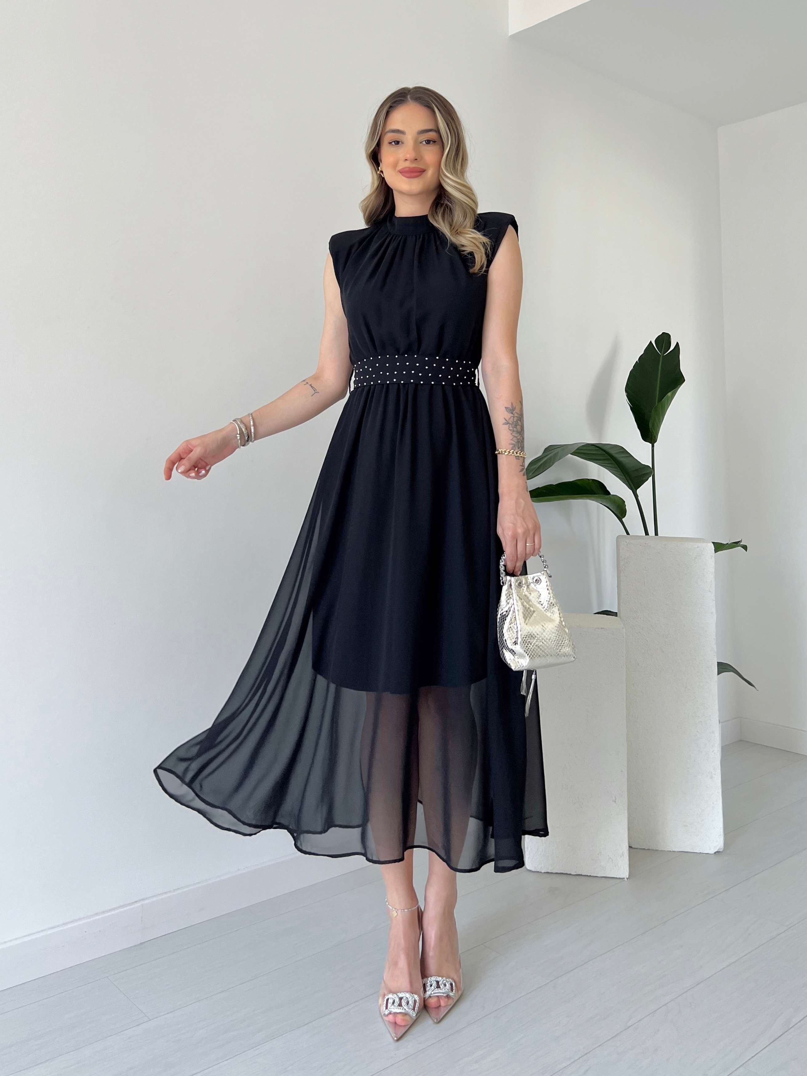 Omuz Vatkalı TERRY Elbise - Siyah