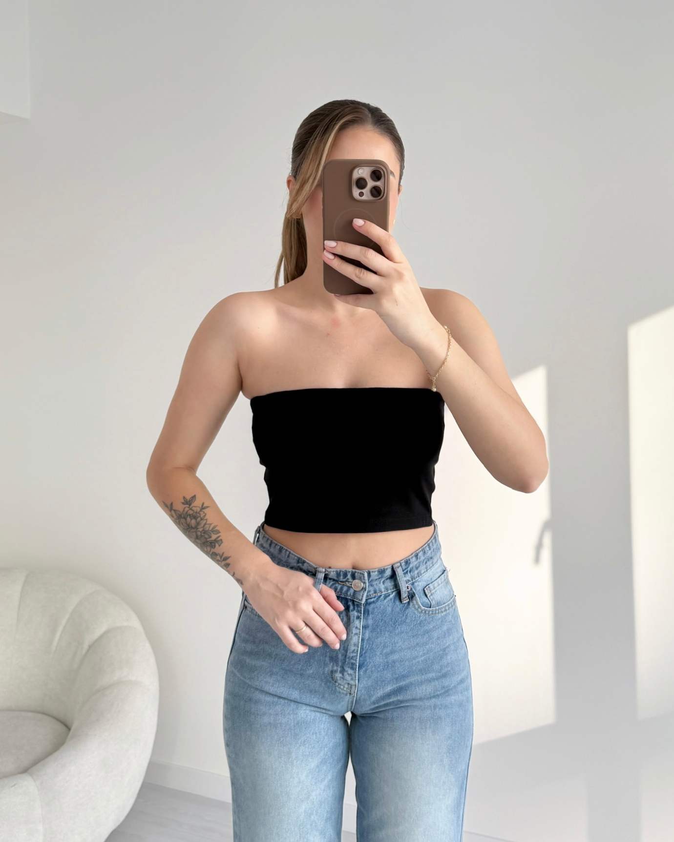 Gloplu Straplez Crop Top - Siyah