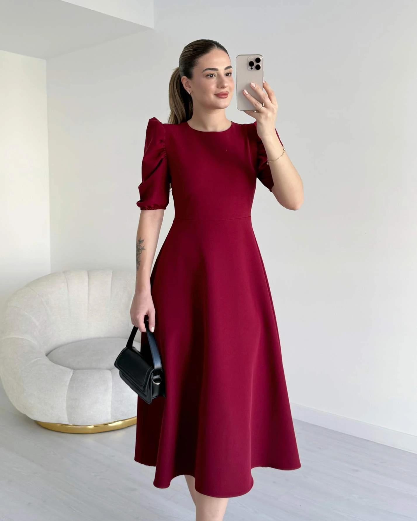 Prenses Kol HEIDI Elbise - Bordo