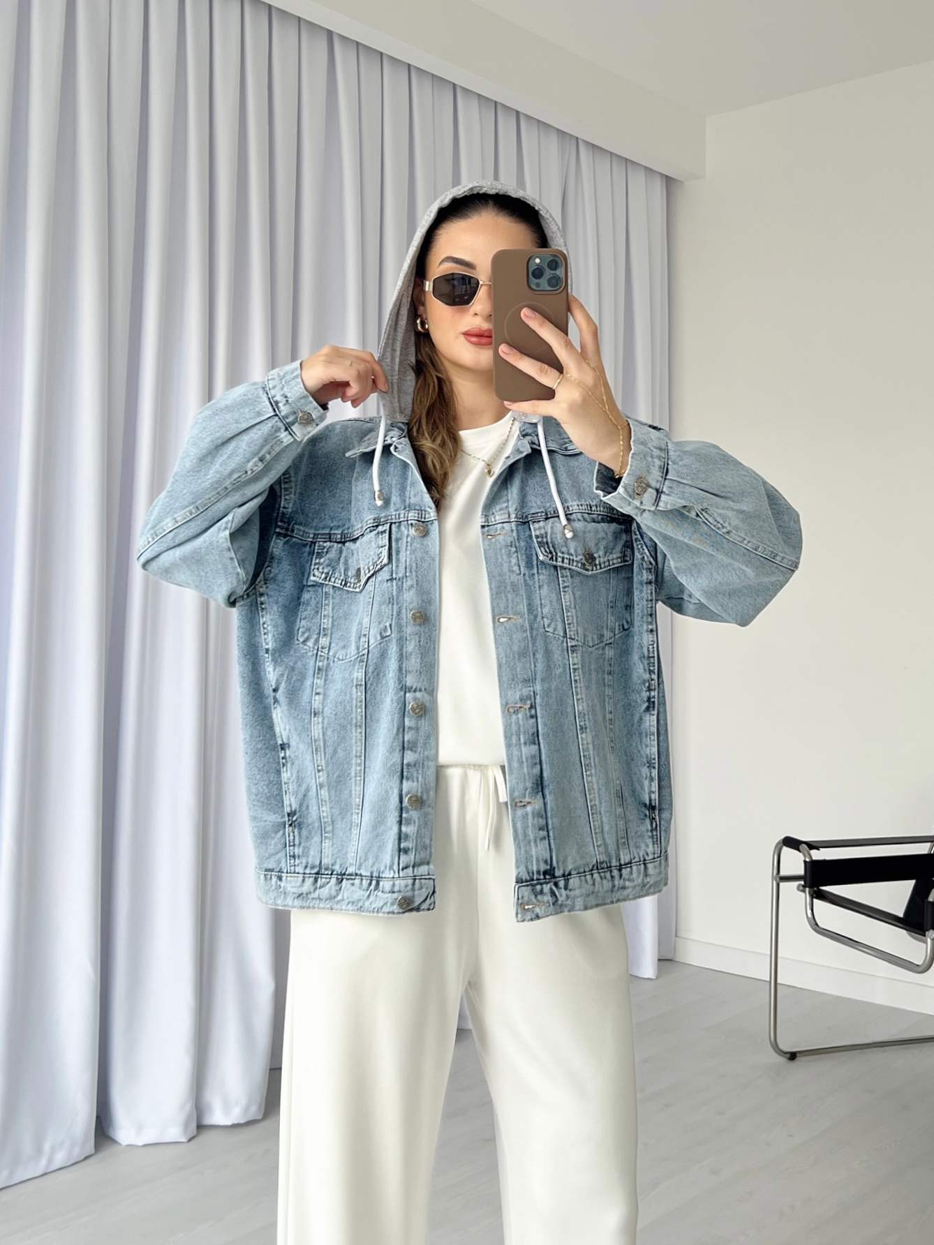 Kapüşonlu Oversize Denim Ceket - Mavi