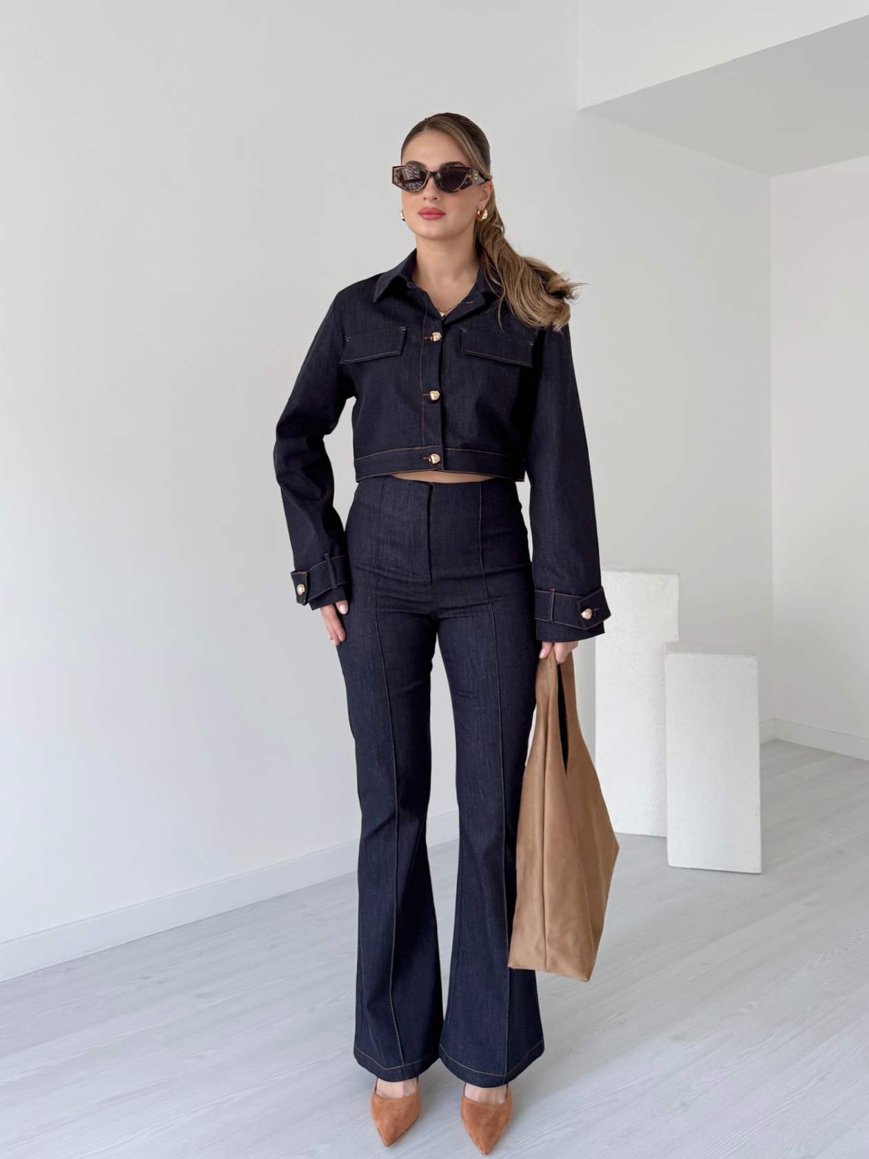 Gold Düğmeli Denim Ceket Takım