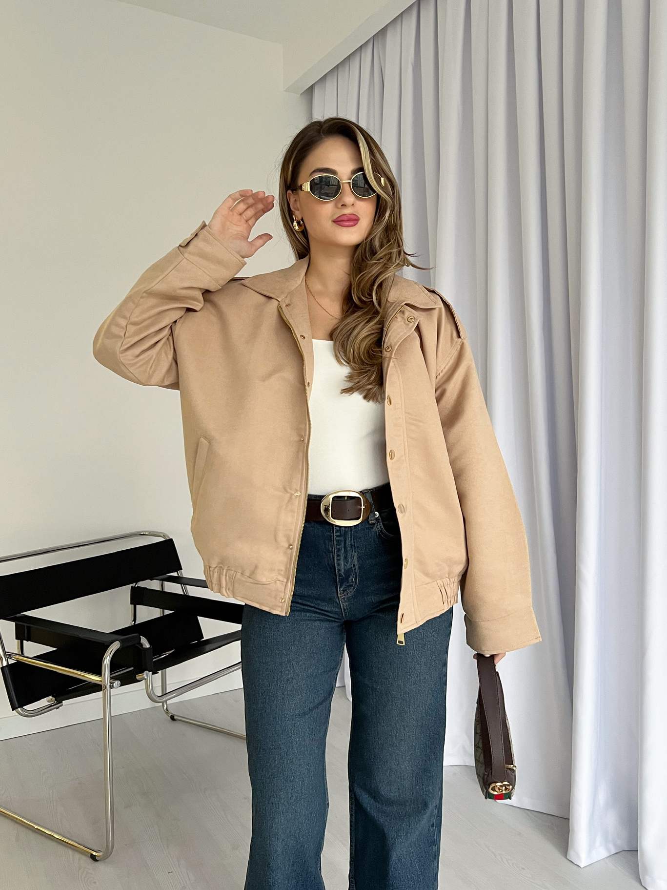 Apoletli Süet Bomber Ceket - Bej