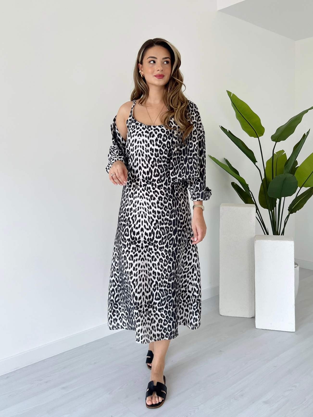 Leopar Desenli Elbise Gömlek Takım - Leopar Desenli