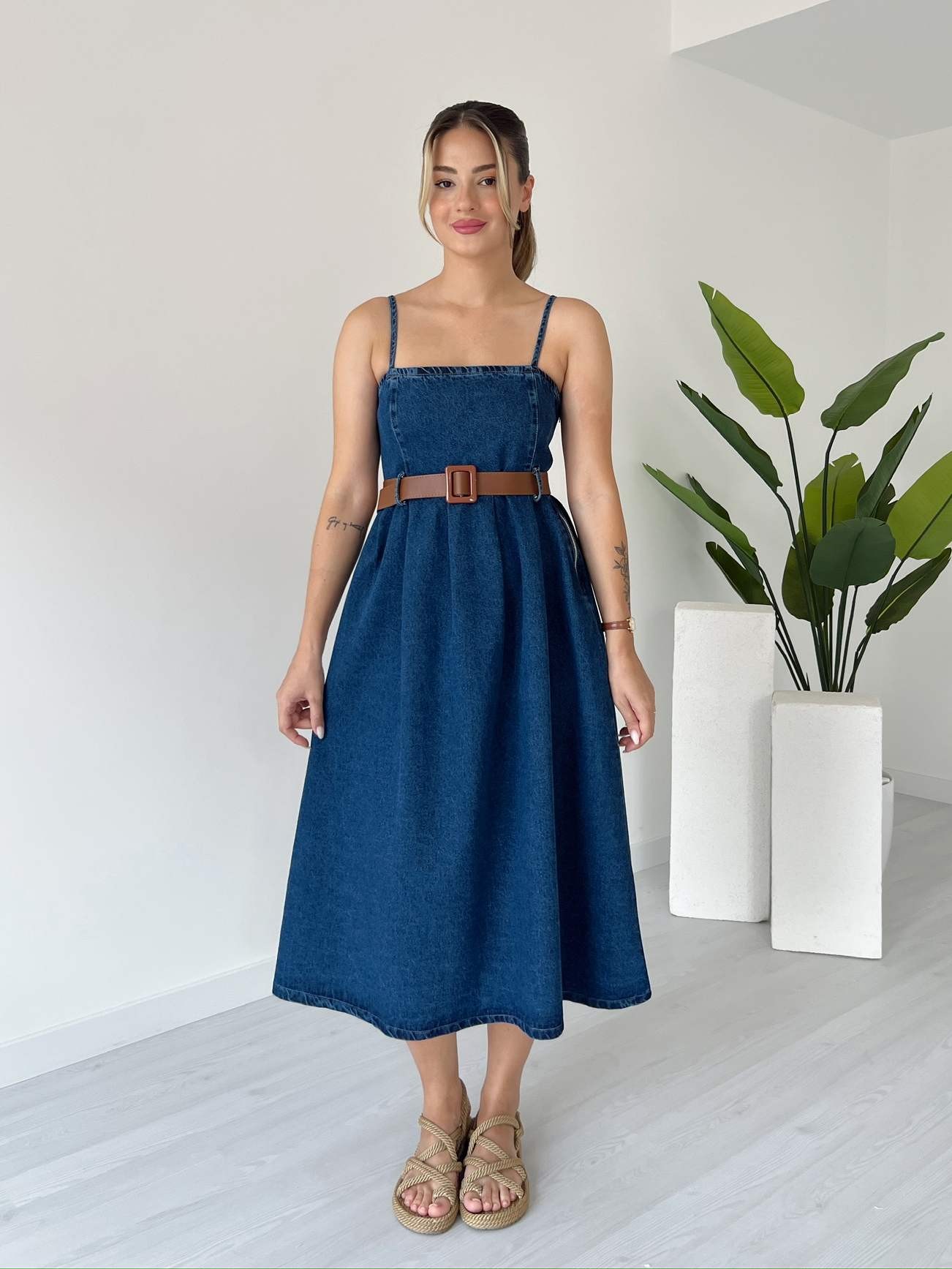 Askılı Denim Elbise