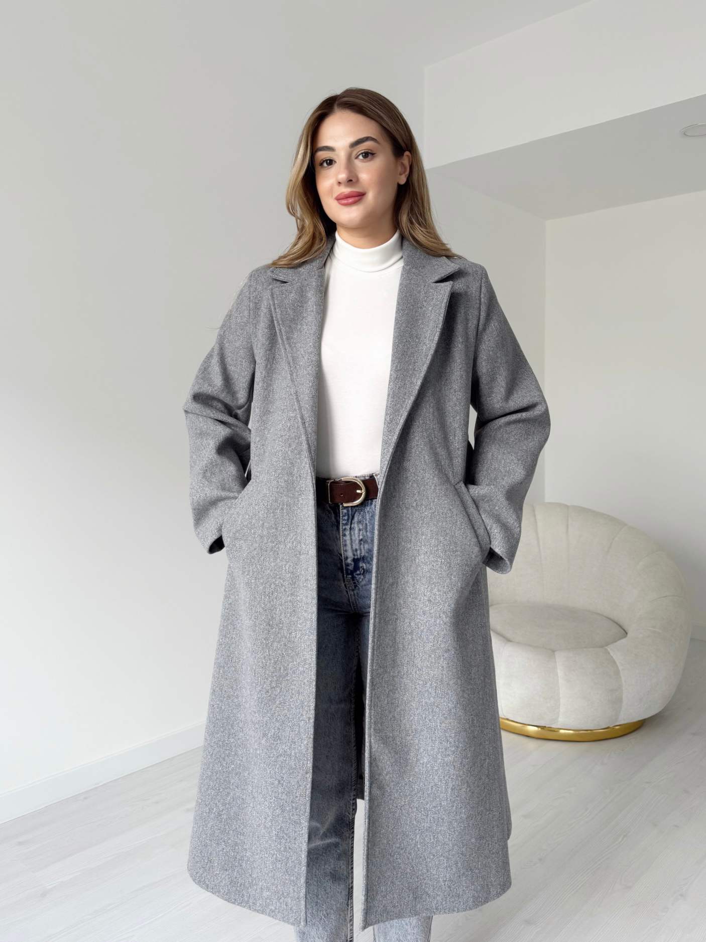 Kuşaklı Uzun Premium Kaşe Kaban