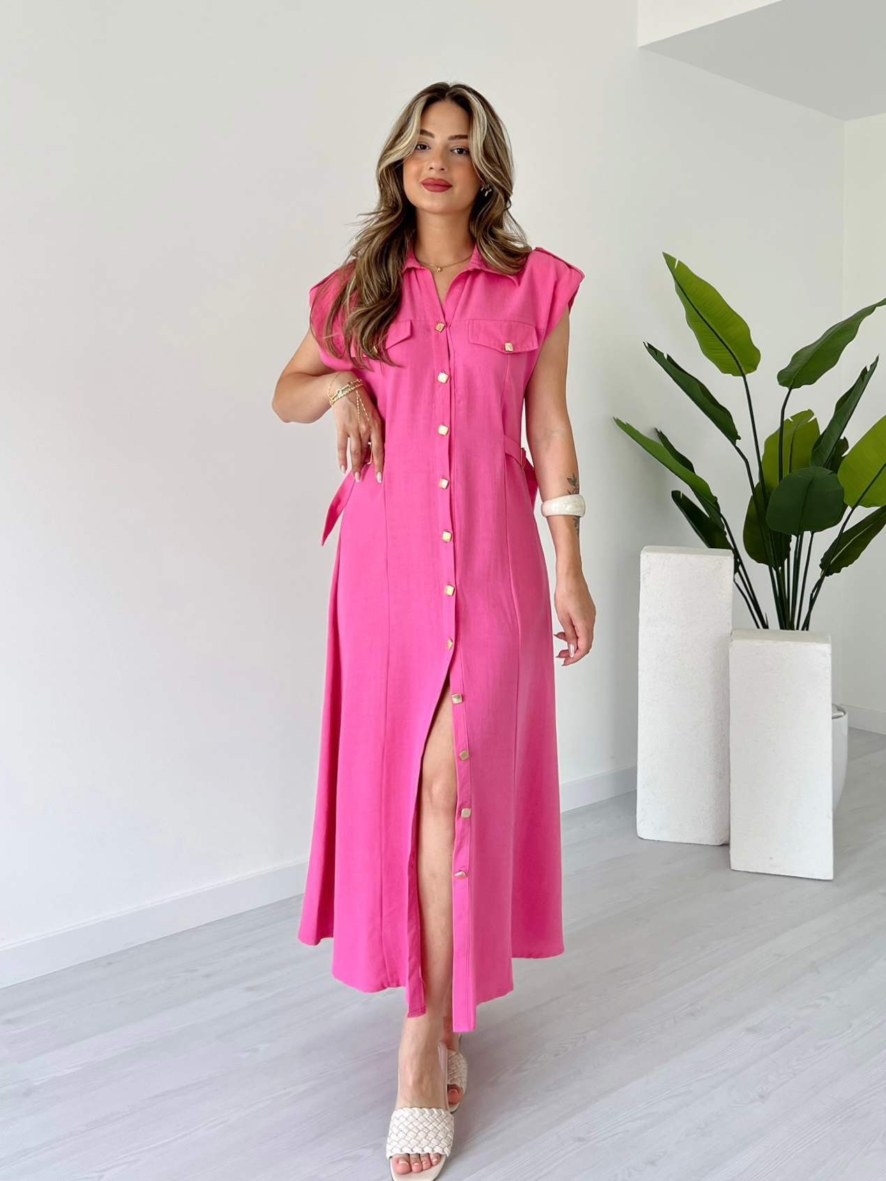 Apolet Detay Gold Düğmeli Keten Elbise - Pembe