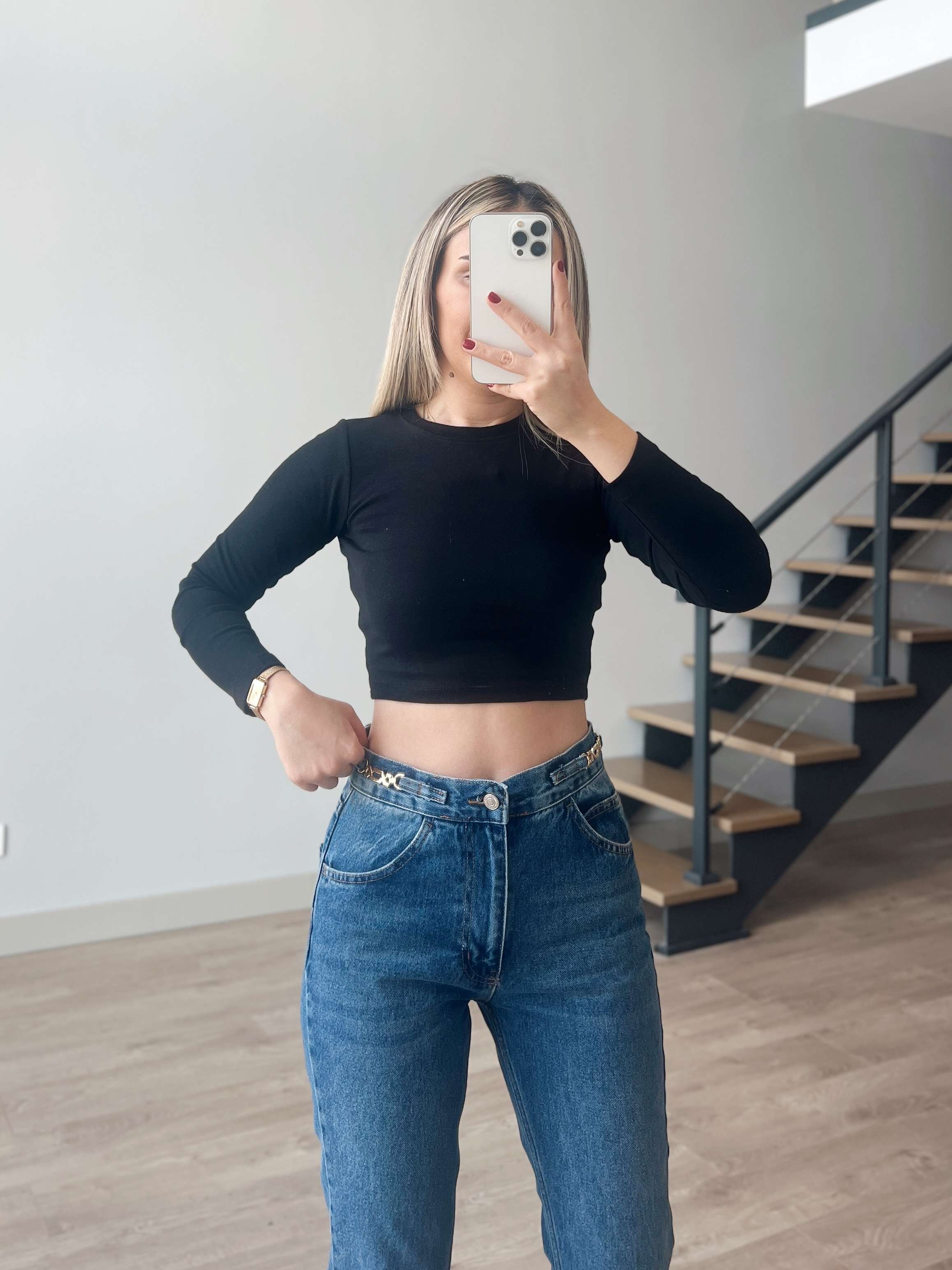 Uzun Kol Basic Crop Top - Siyah