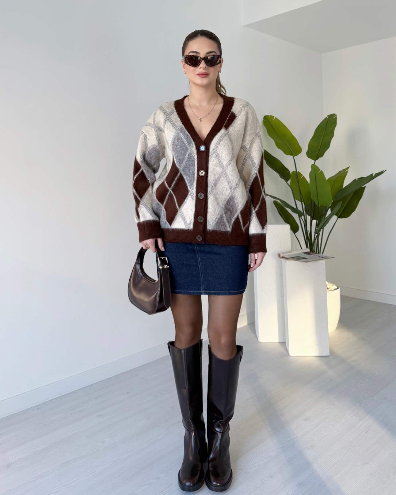 Baklava Desen Dokulu Salaş Hırka - Kahve