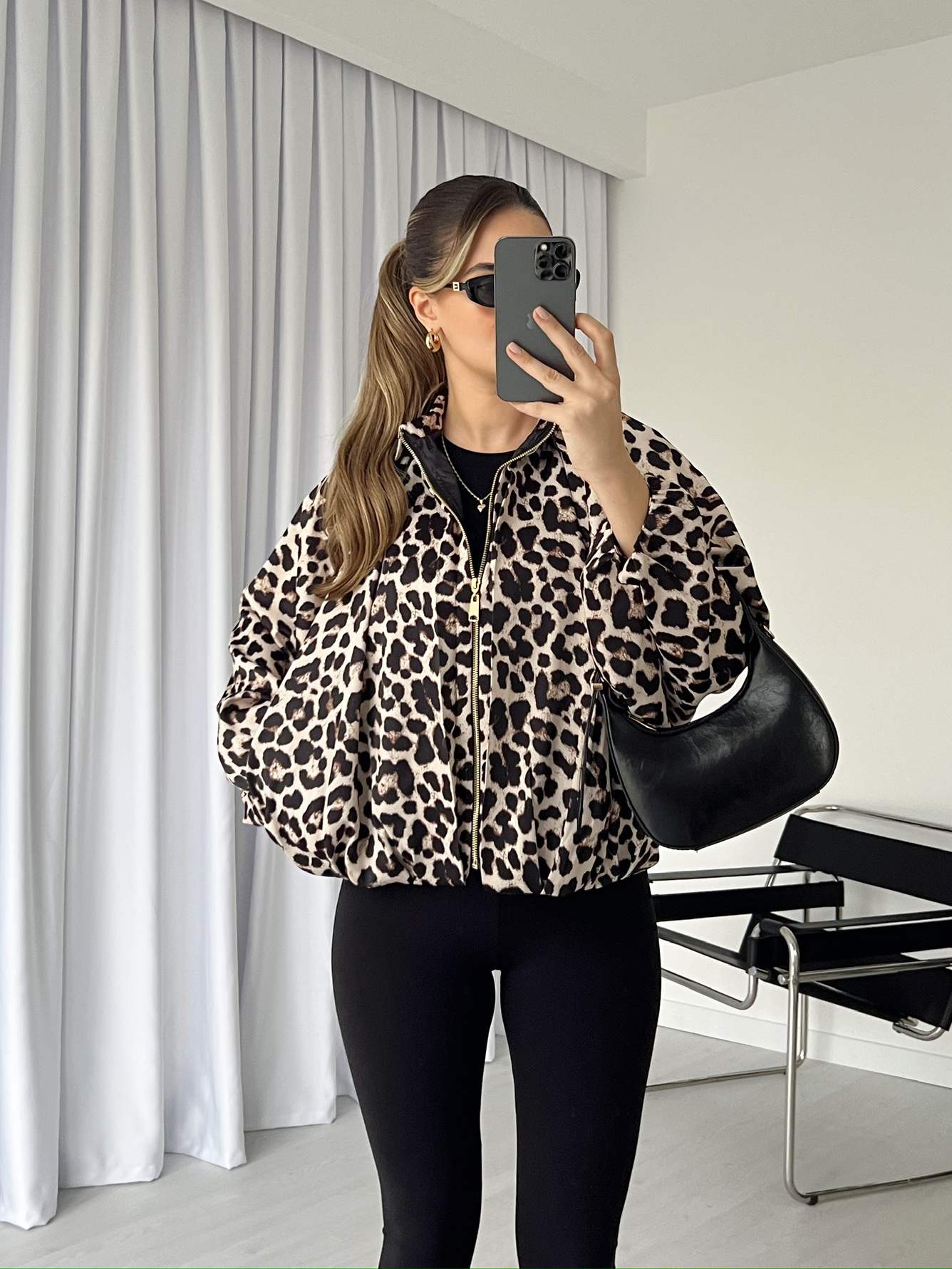 Leopar Desenli Saten Bomber Ceket