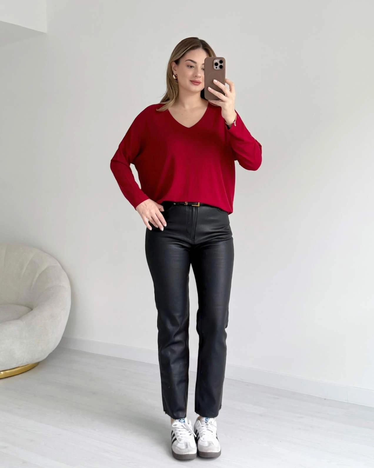 V Yaka Triko Bluz - Kırmızı