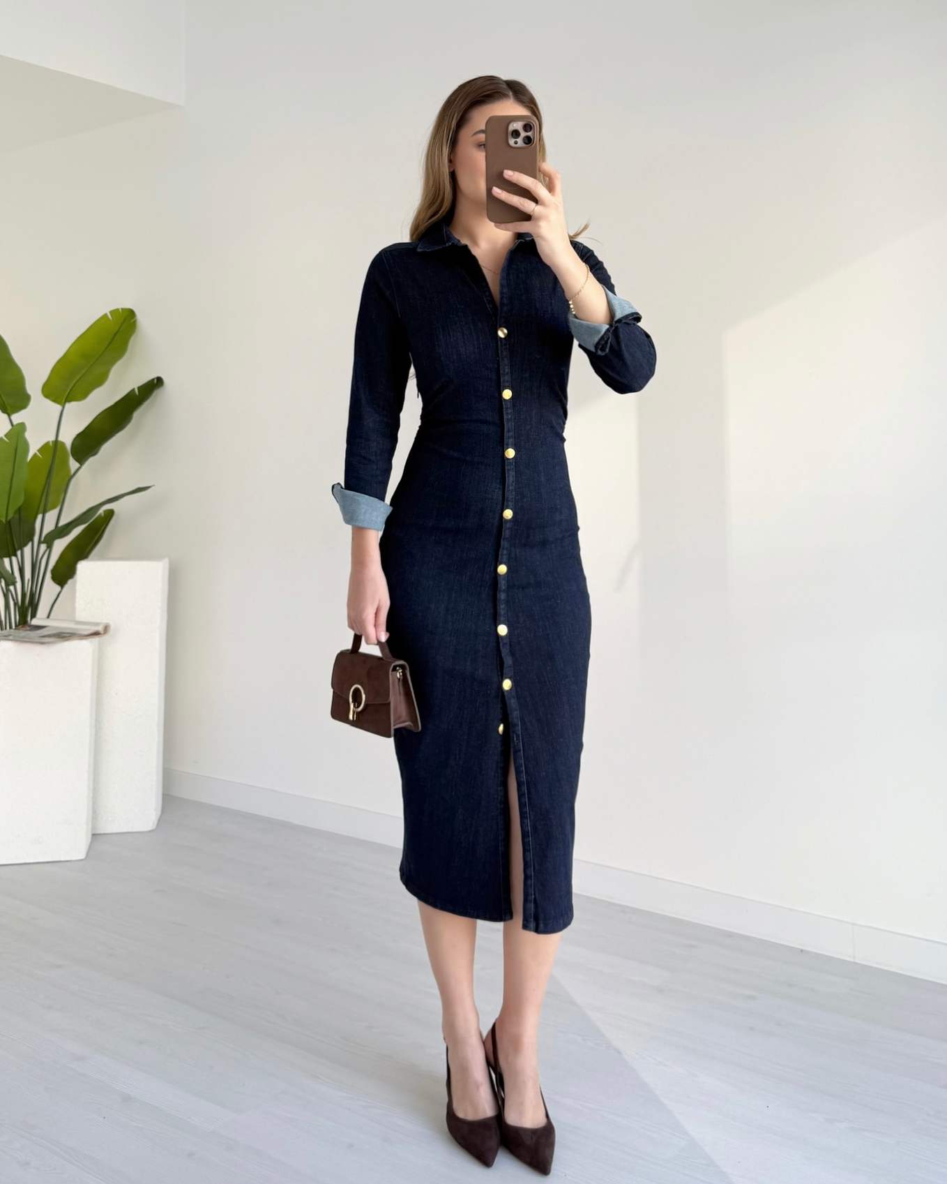 Midi Boy Likralı Denim Elbise