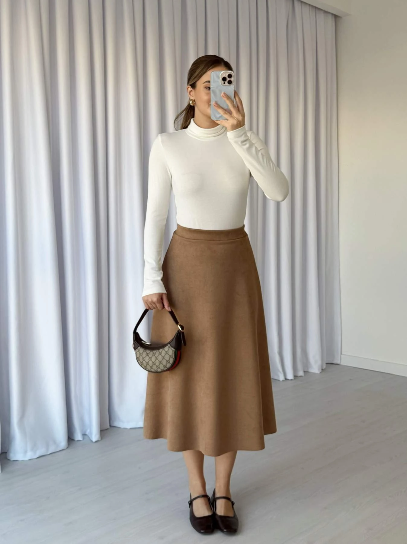 Beli Lastikli Süet Etek - Camel