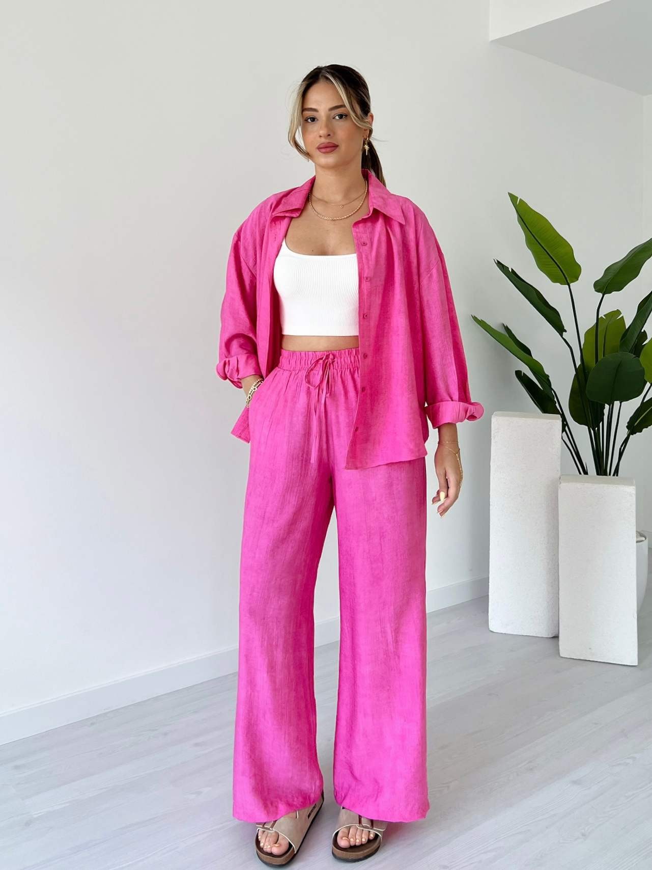 Oversize Kalıp Gömlek Pantolon İkili Takım - Pembe
