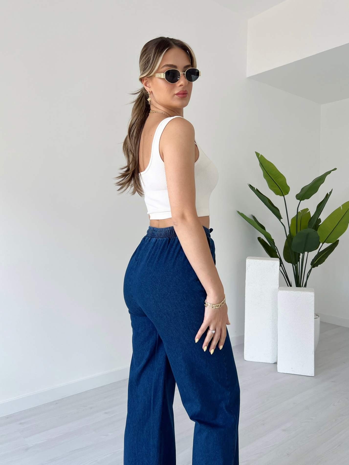 Beli Lastikli Bol Paça Denim Pantolon