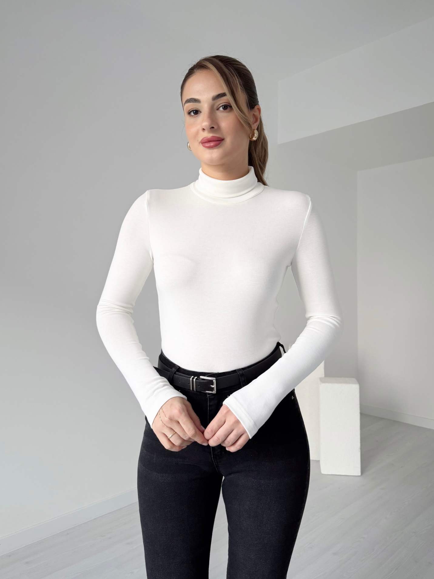 Balıkçı Yaka Modal T-Shirt - Beyaz
