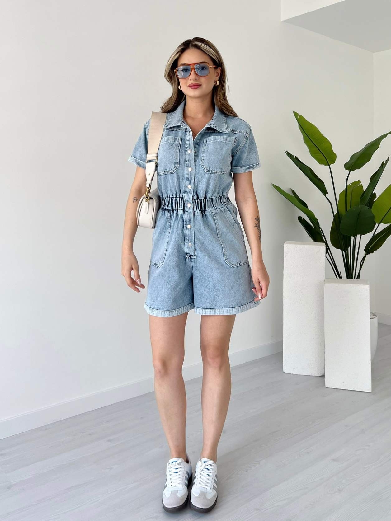 Beli Lastikli Denim Şort Tulum - Kar Yıkama