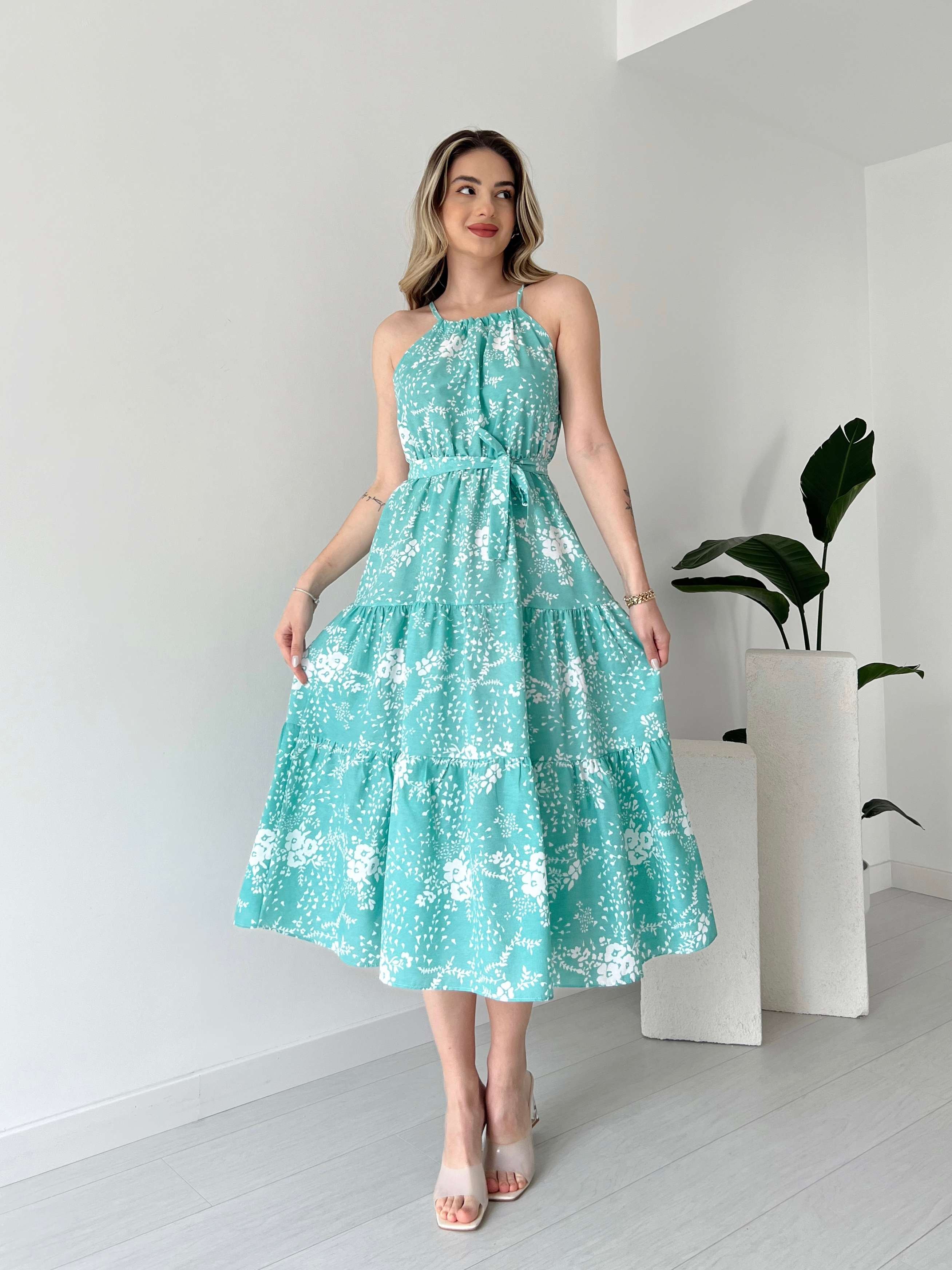 Halter Yaka Poplin Elbise - Su Yeşili