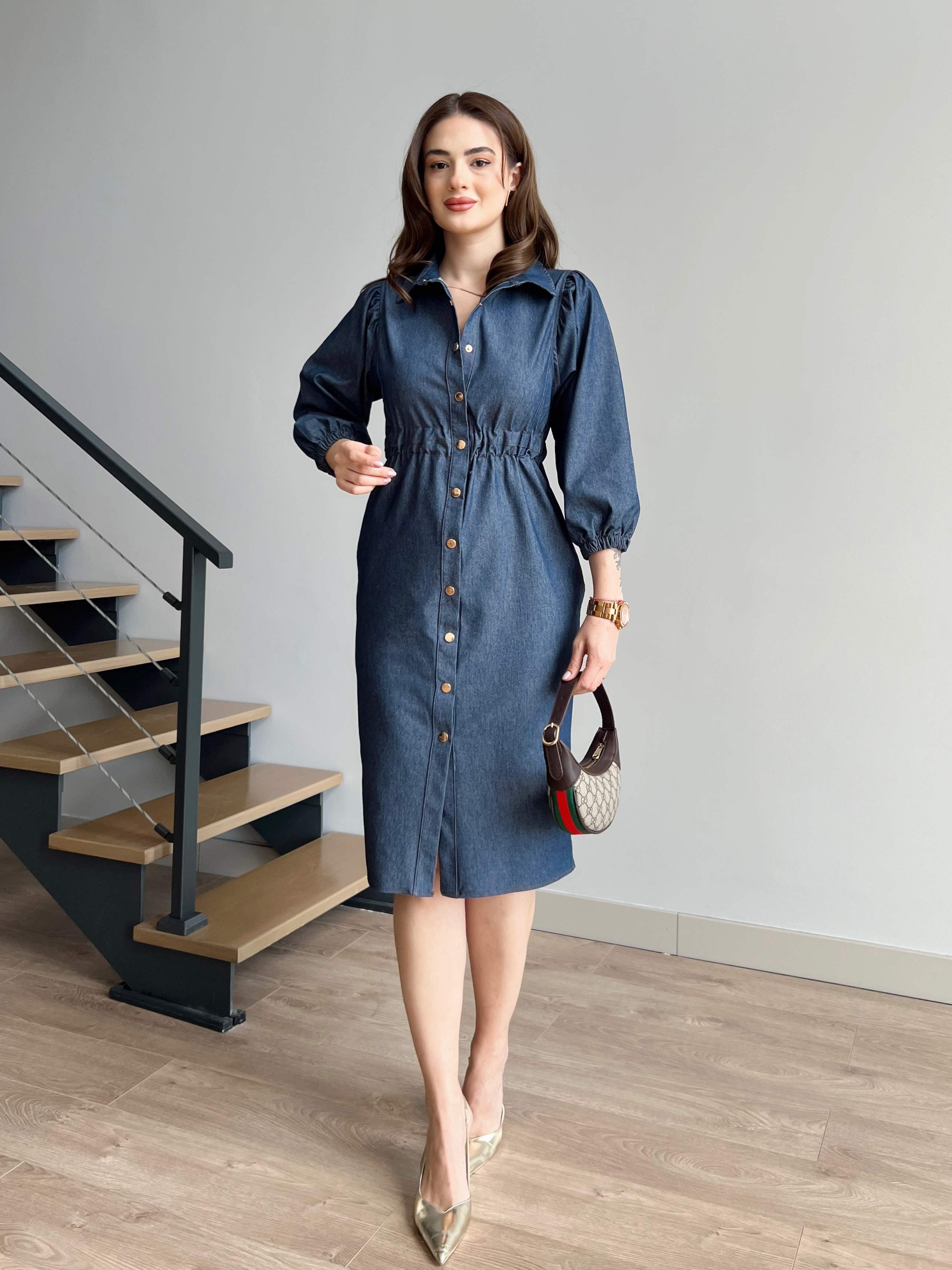 Beli Lastikli Çıtçıtlı Denim Elbise