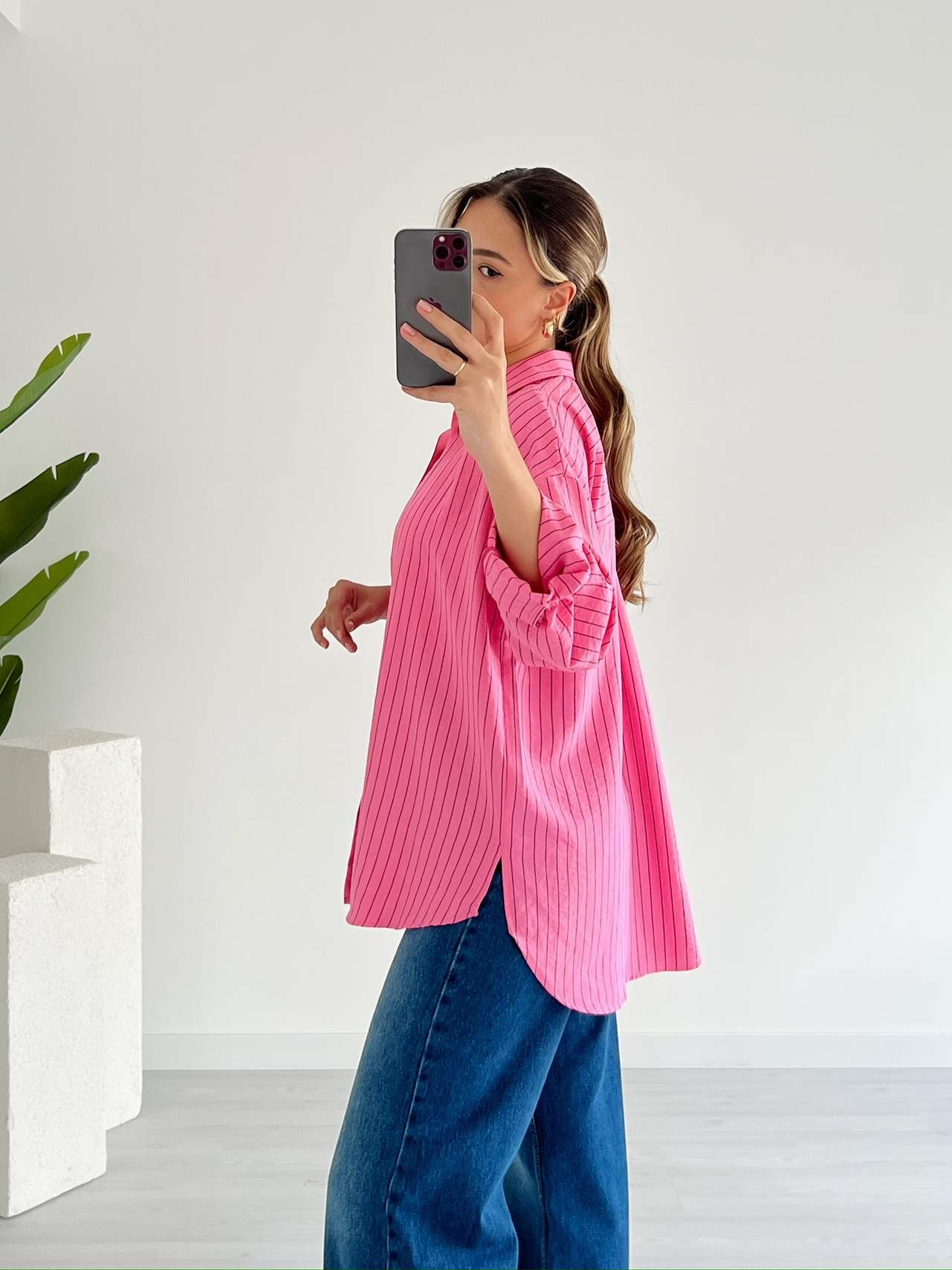 Tek Cepli Çizgili Oversize Gömlek - Pembe