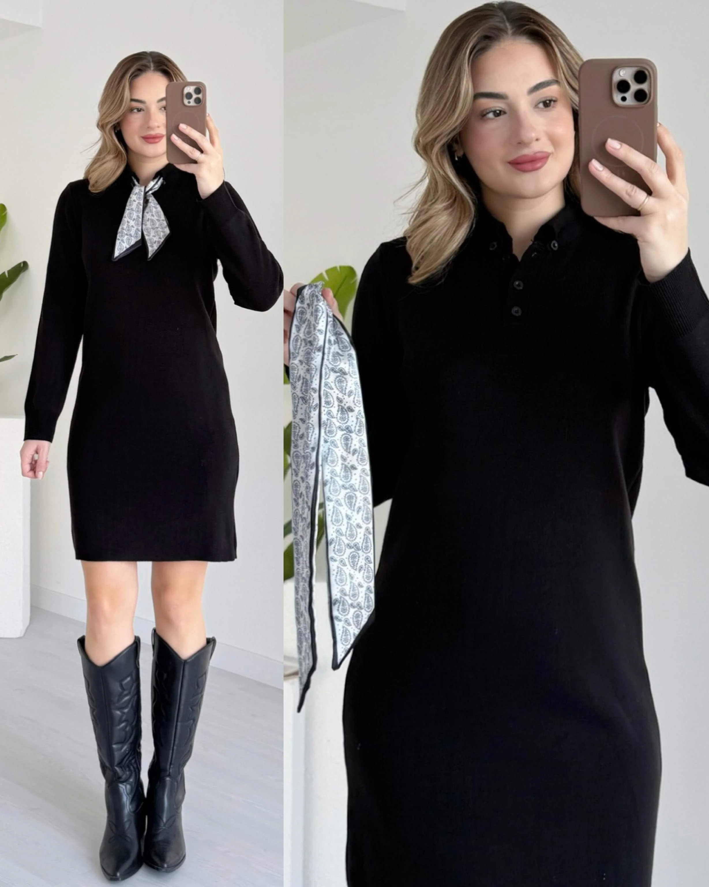 Fularlı Polo Yaka Triko Elbise - Siyah