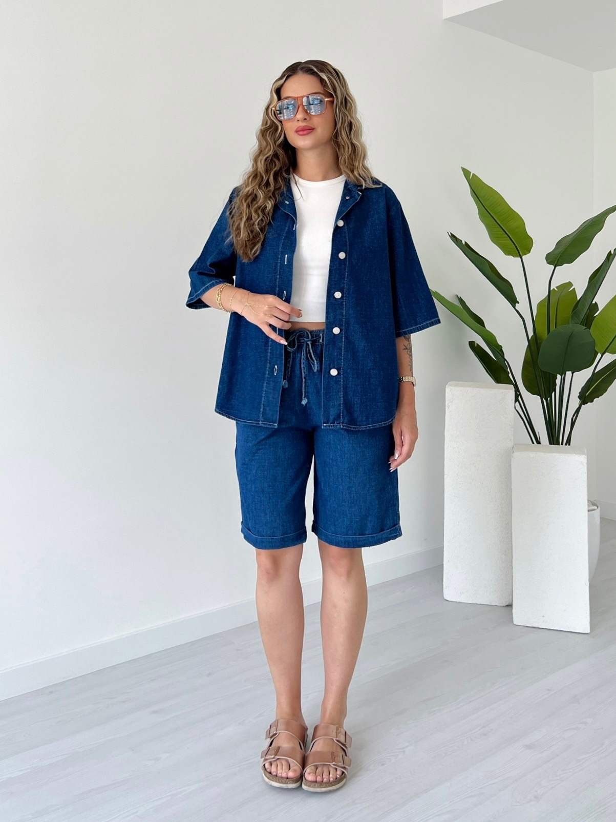 Şortlu Denim Takım - Mavi