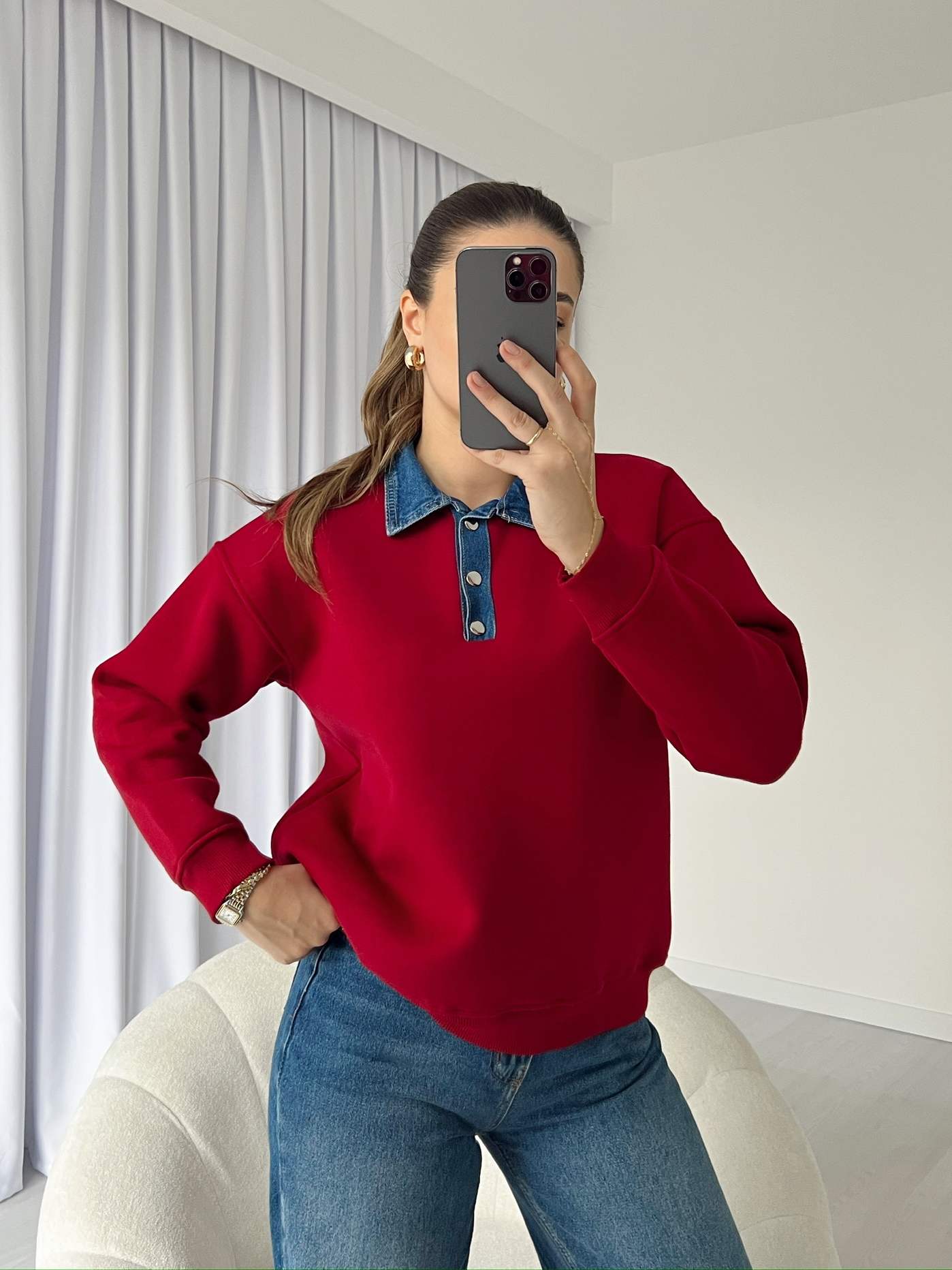 Denim Yakalı İçi Polar Sweatshirt