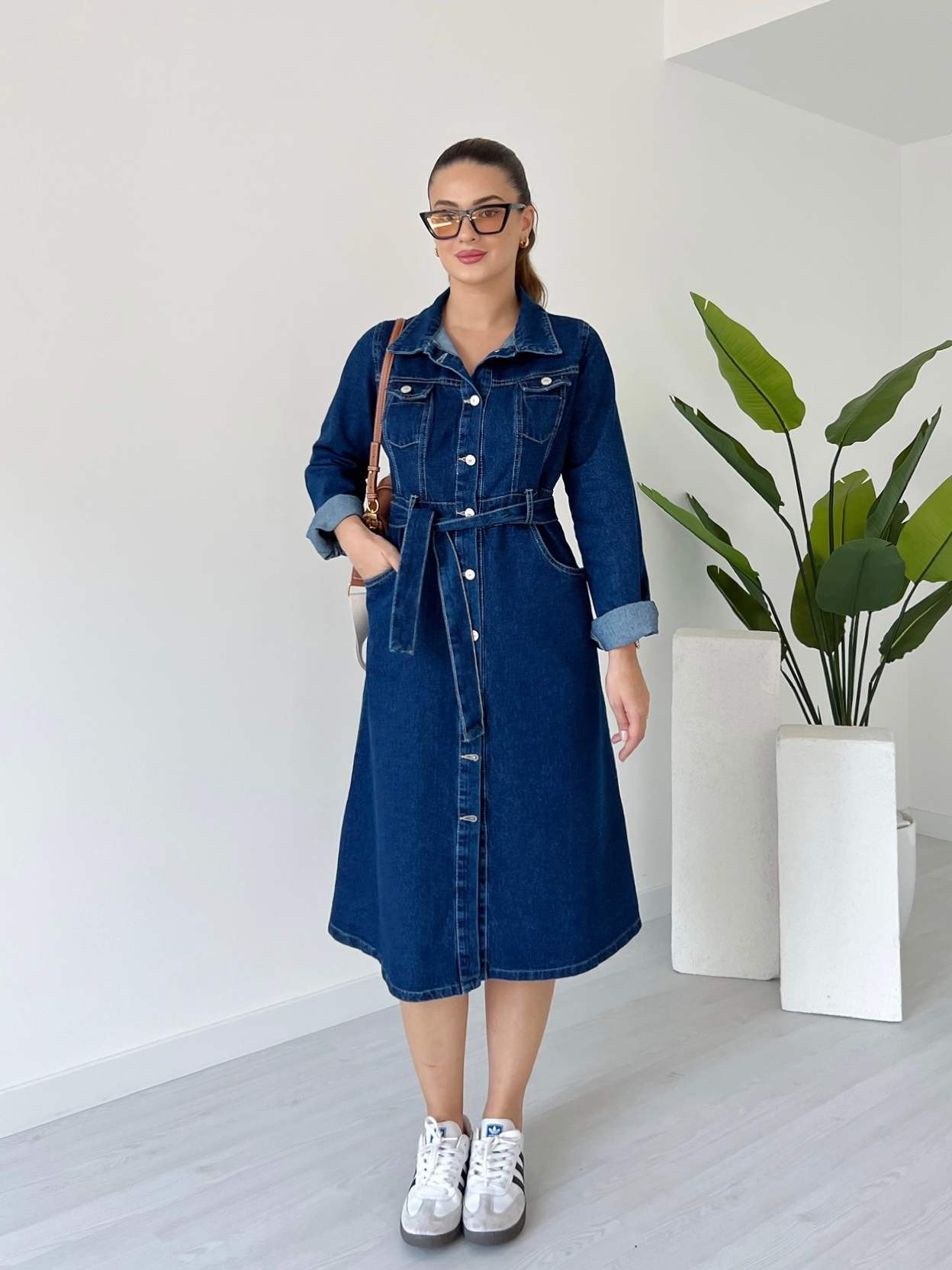 Uzun Kol Kuşaklı Denim Elbise