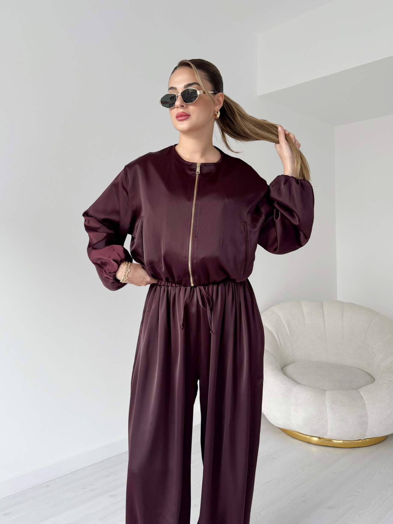 Saten Bomber-Şalvar İkili Takım