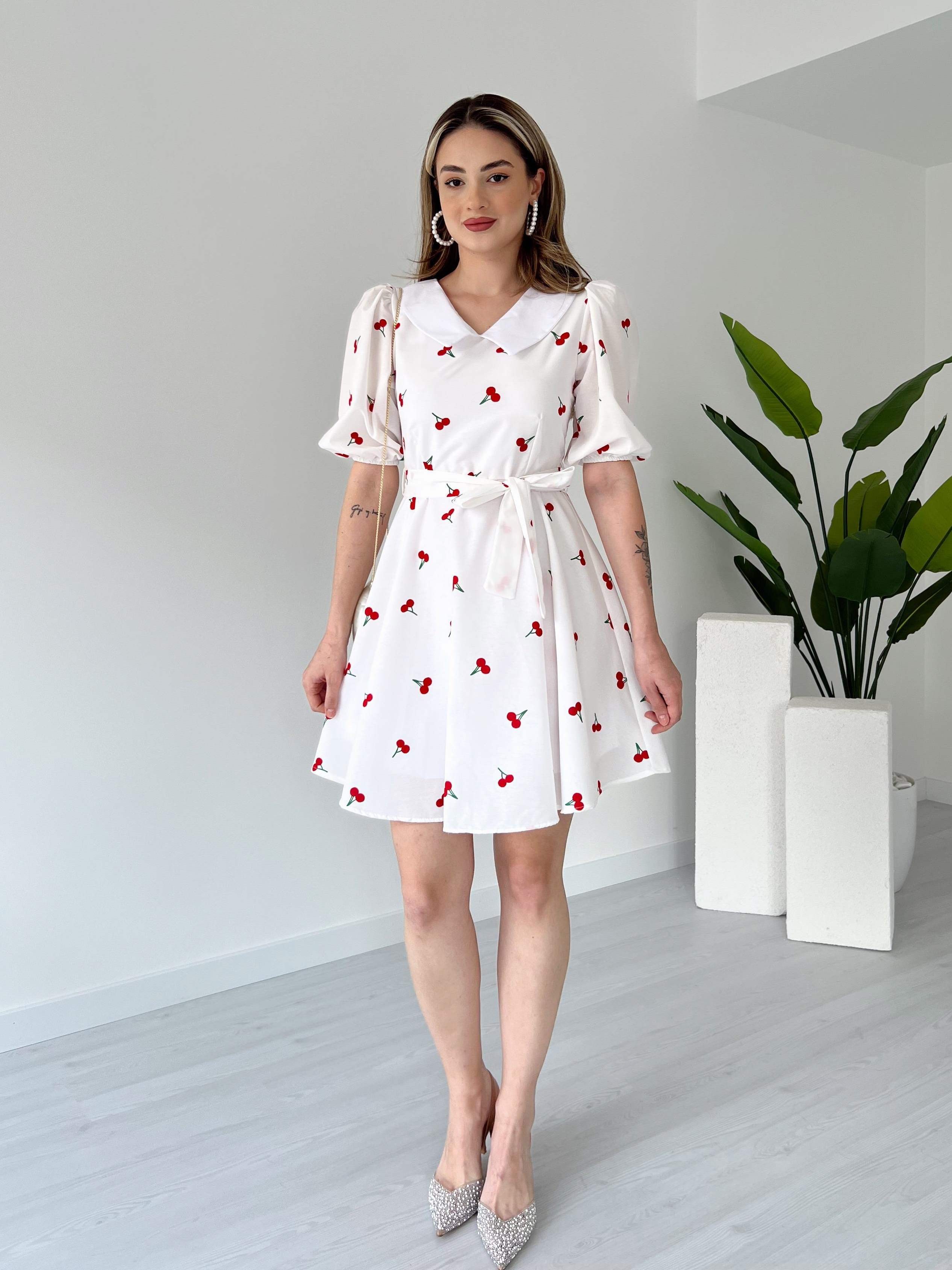 Bebe Yaka Desenli Poplin Elbise - Kiraz Desenli