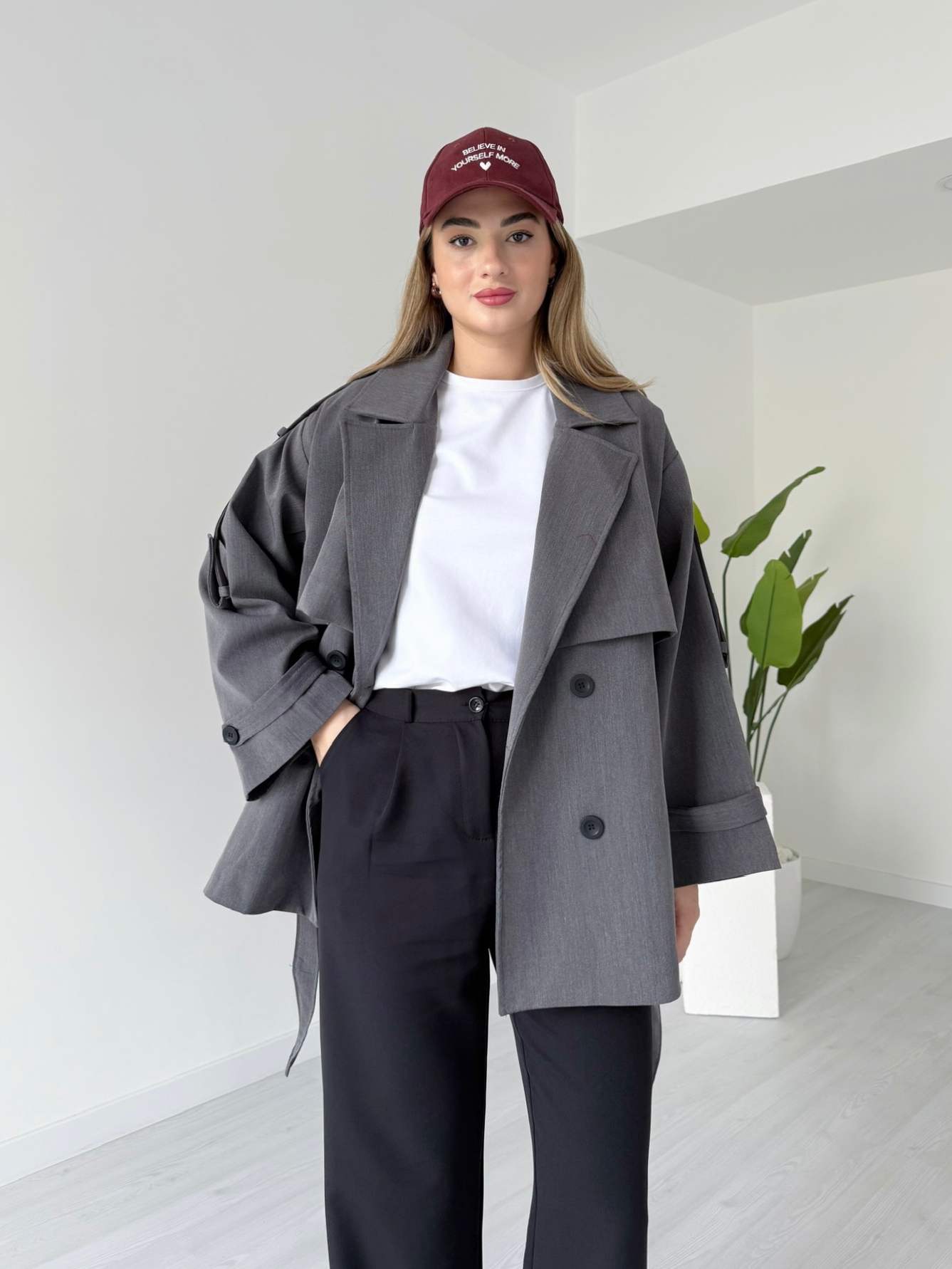 Oversize Kuşaklı Antrasit Trençkot