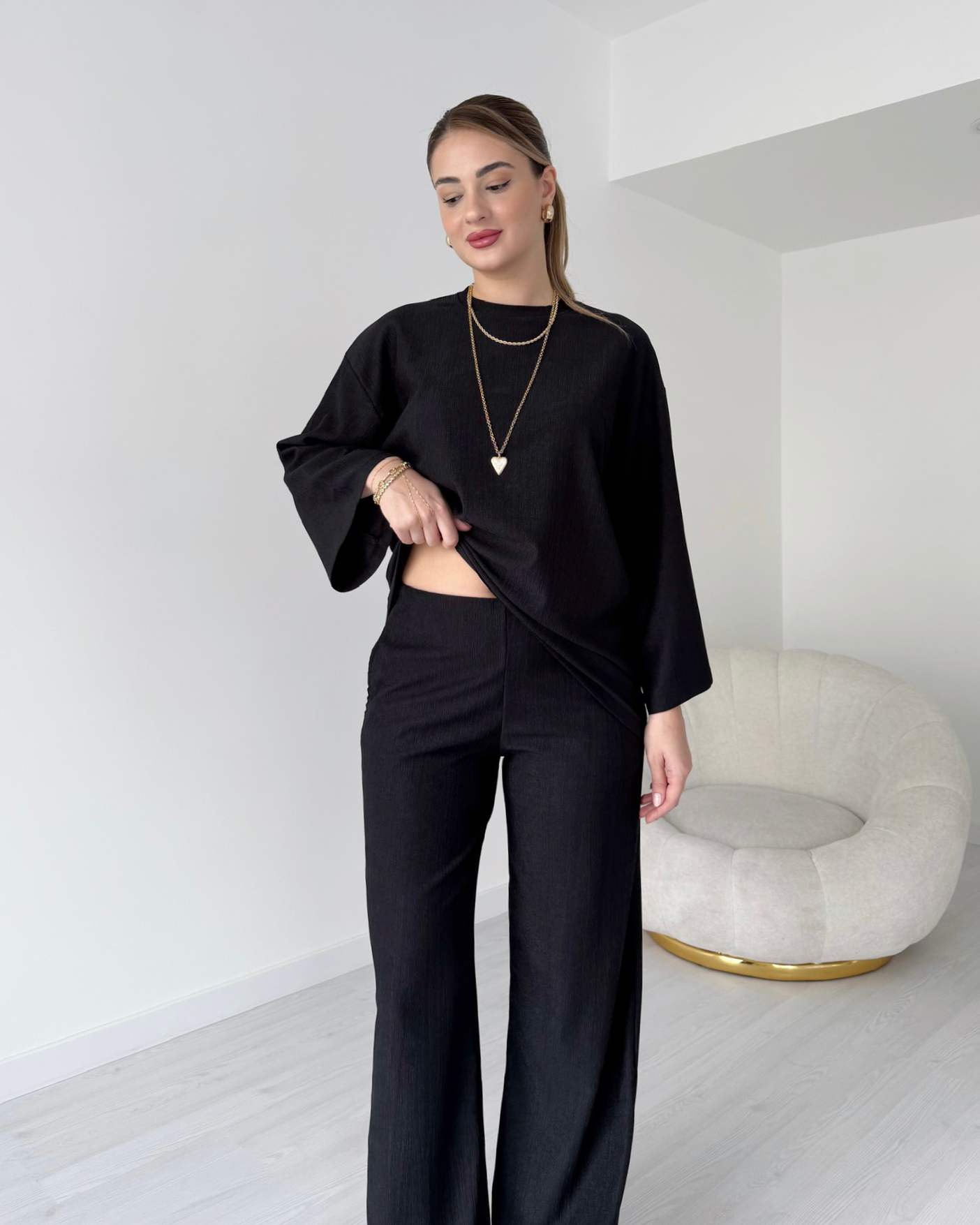 Rahat Kesim Gofre Kumaş İkili Takım - Siyah