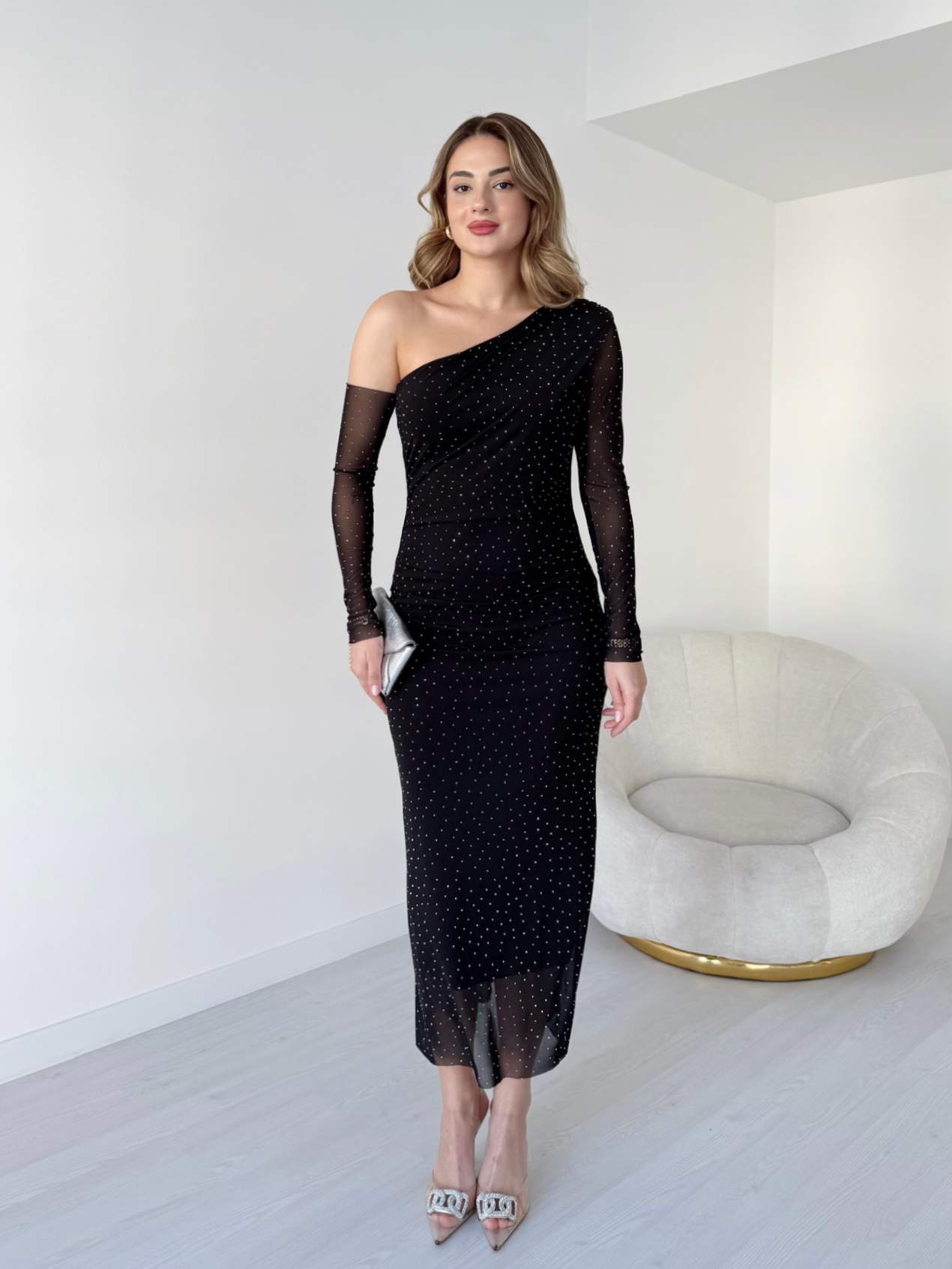 Tek Omuz Işıltılı Tül Elbise