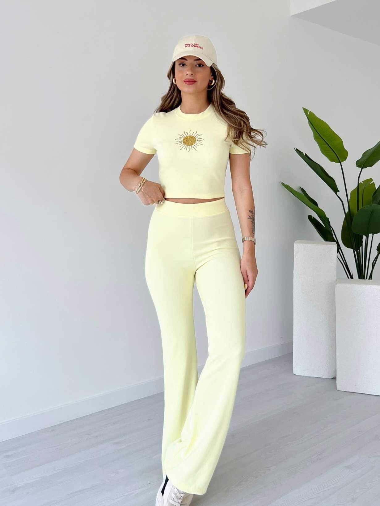 Simli Güneş Baskılı Crop Takım - Sarı