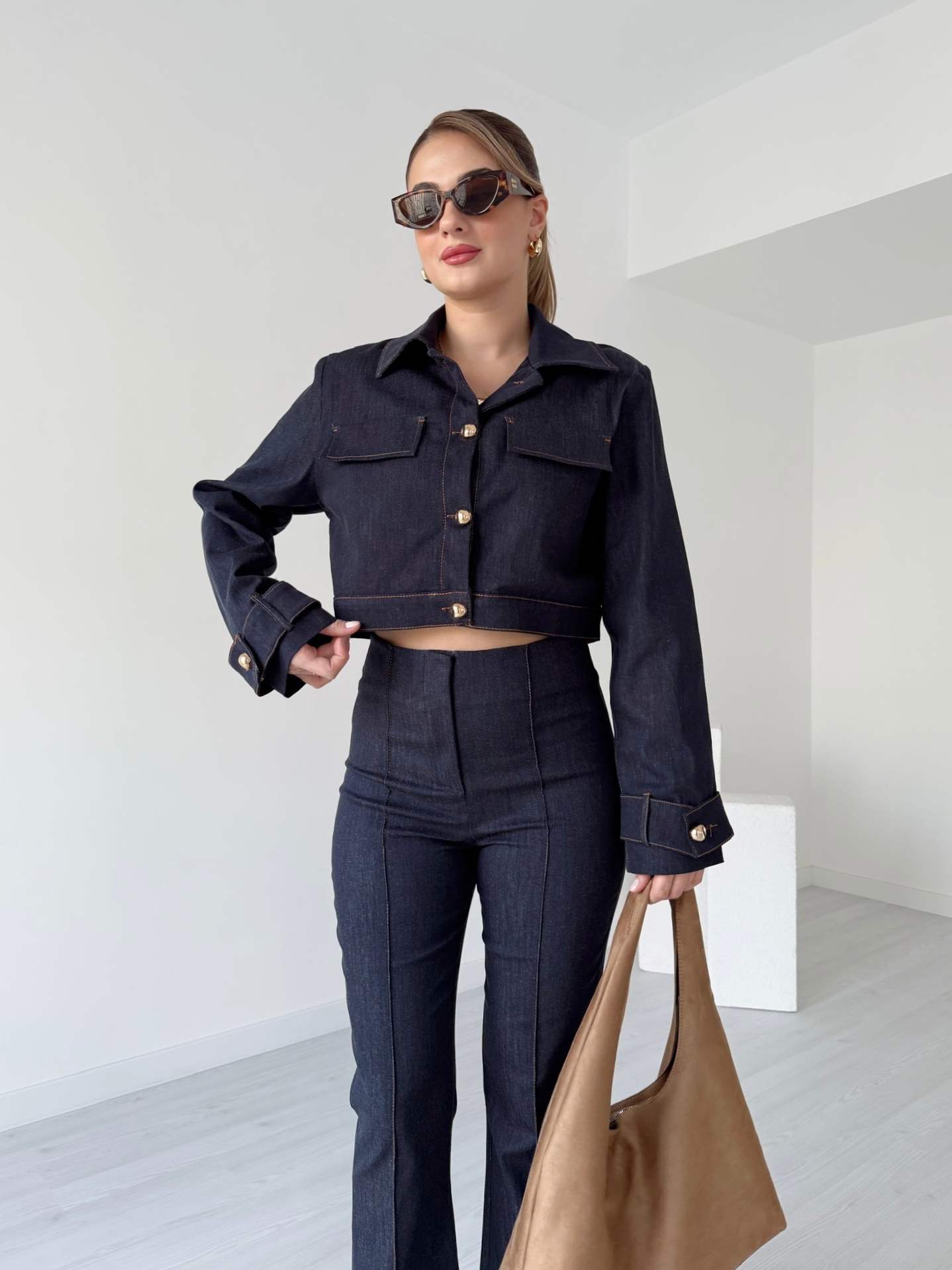 Gold Düğmeli Denim Ceket Takım