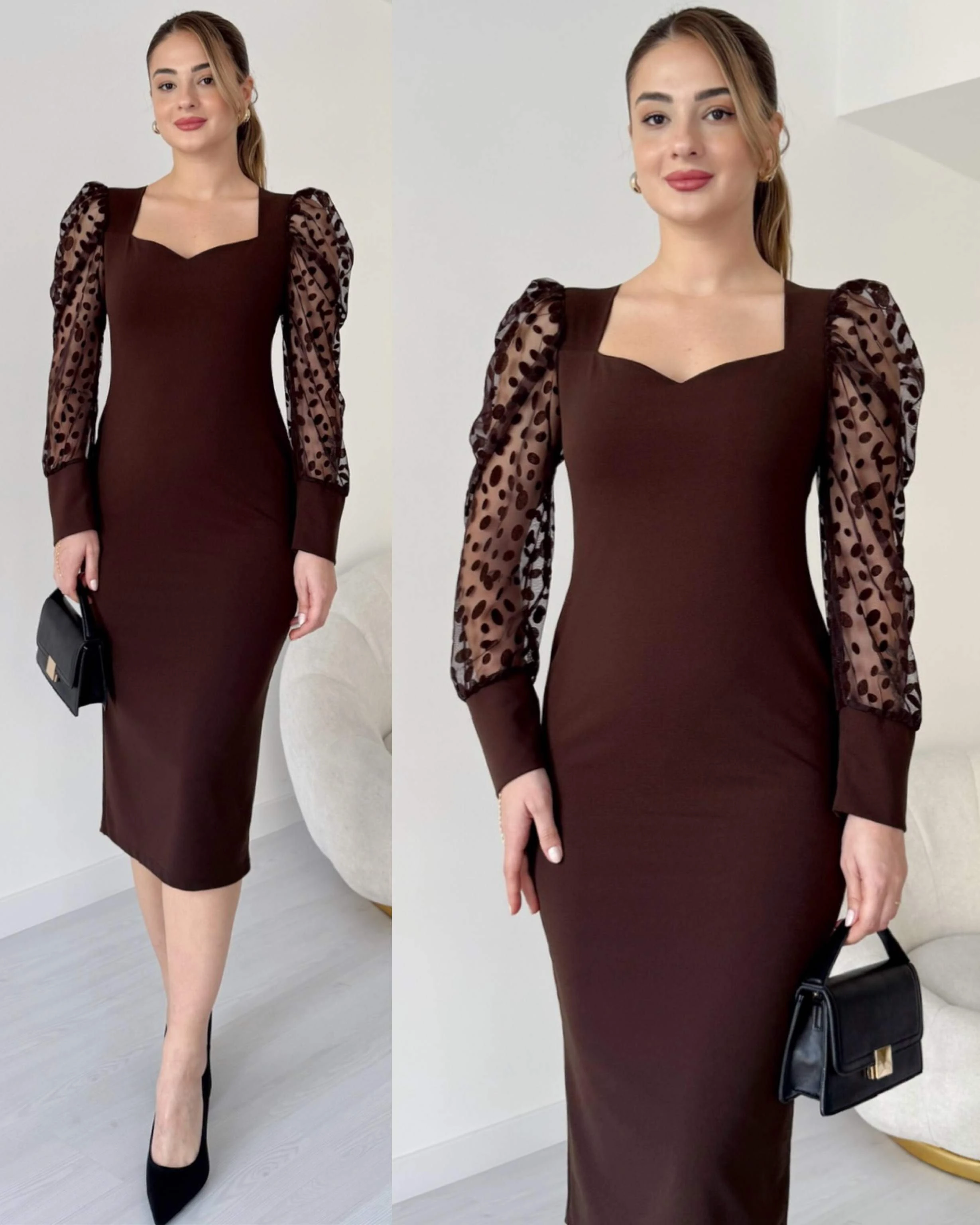 Kalp Yaka Kolu Tül Kalem Elbise - Kahve