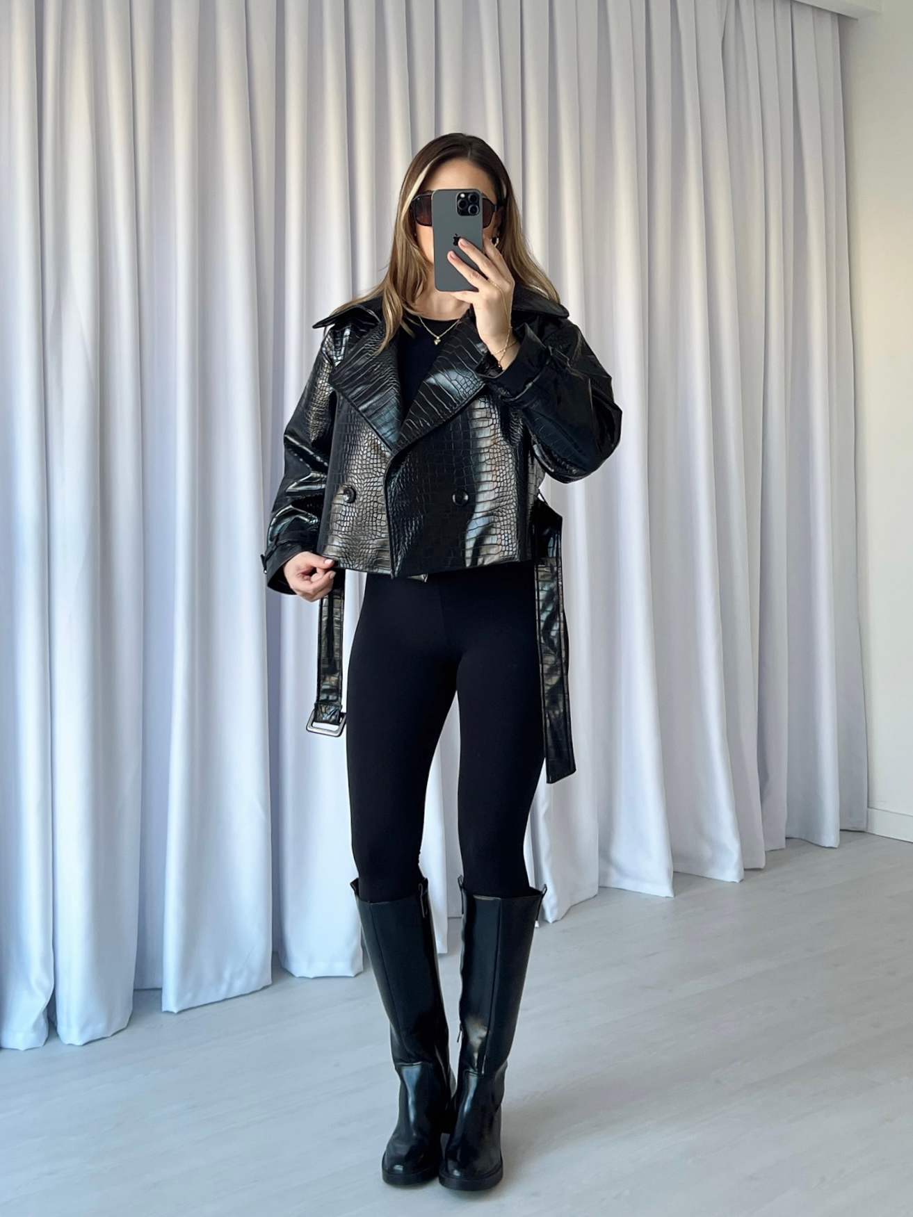 Kruvaze Yaka Krokodil Deri Ceket