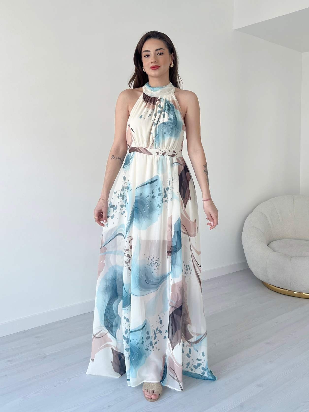 Halter Yaka Desenli ISABELLE Elbise