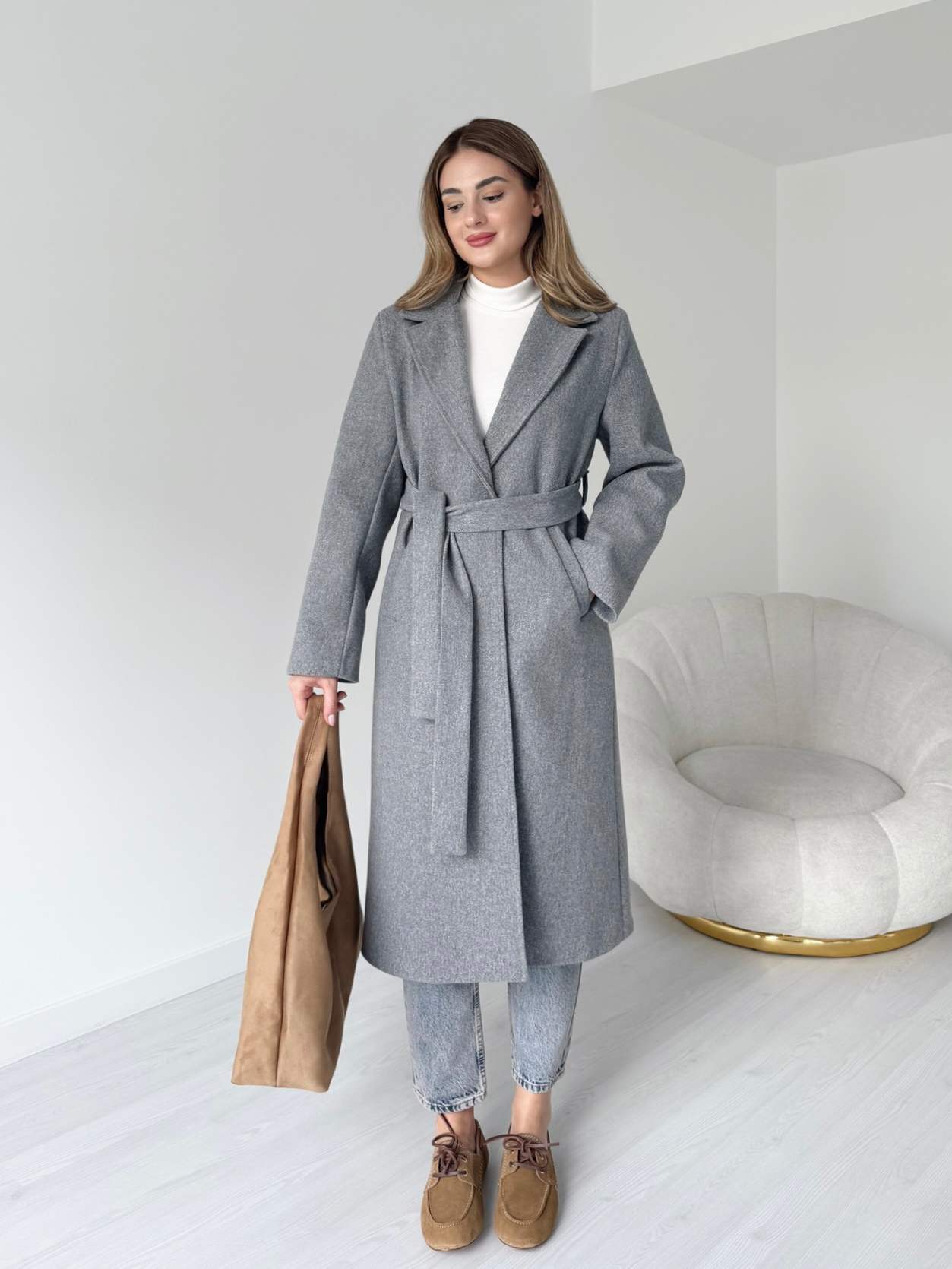 Kuşaklı Uzun Premium Kaşe Kaban