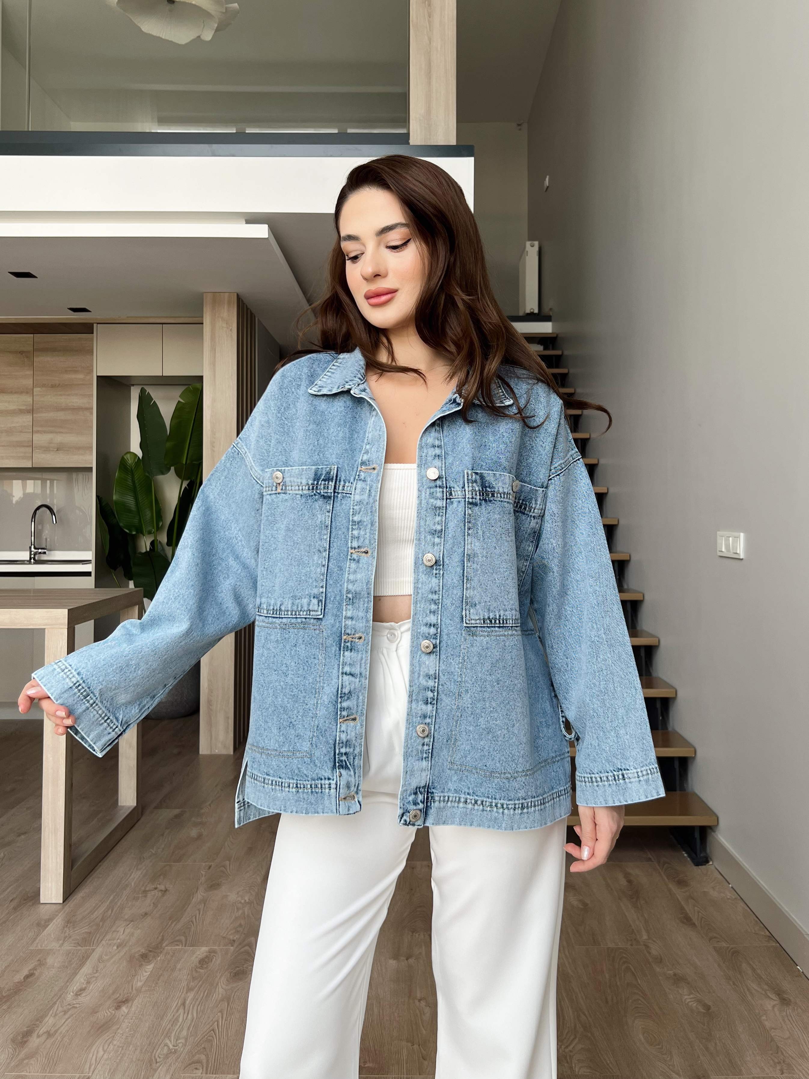 Yanı İp Detaylı Arkası Uzun Denim Ceket