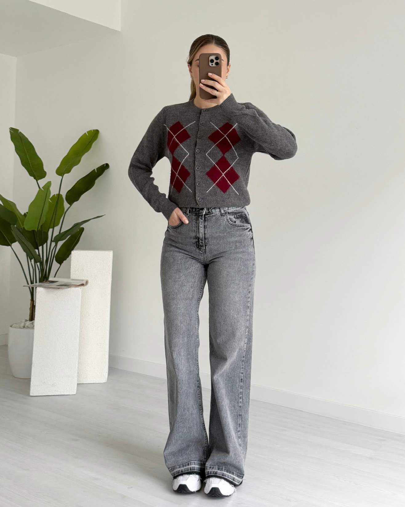 Baklava Desenli Düğmeli Hırka