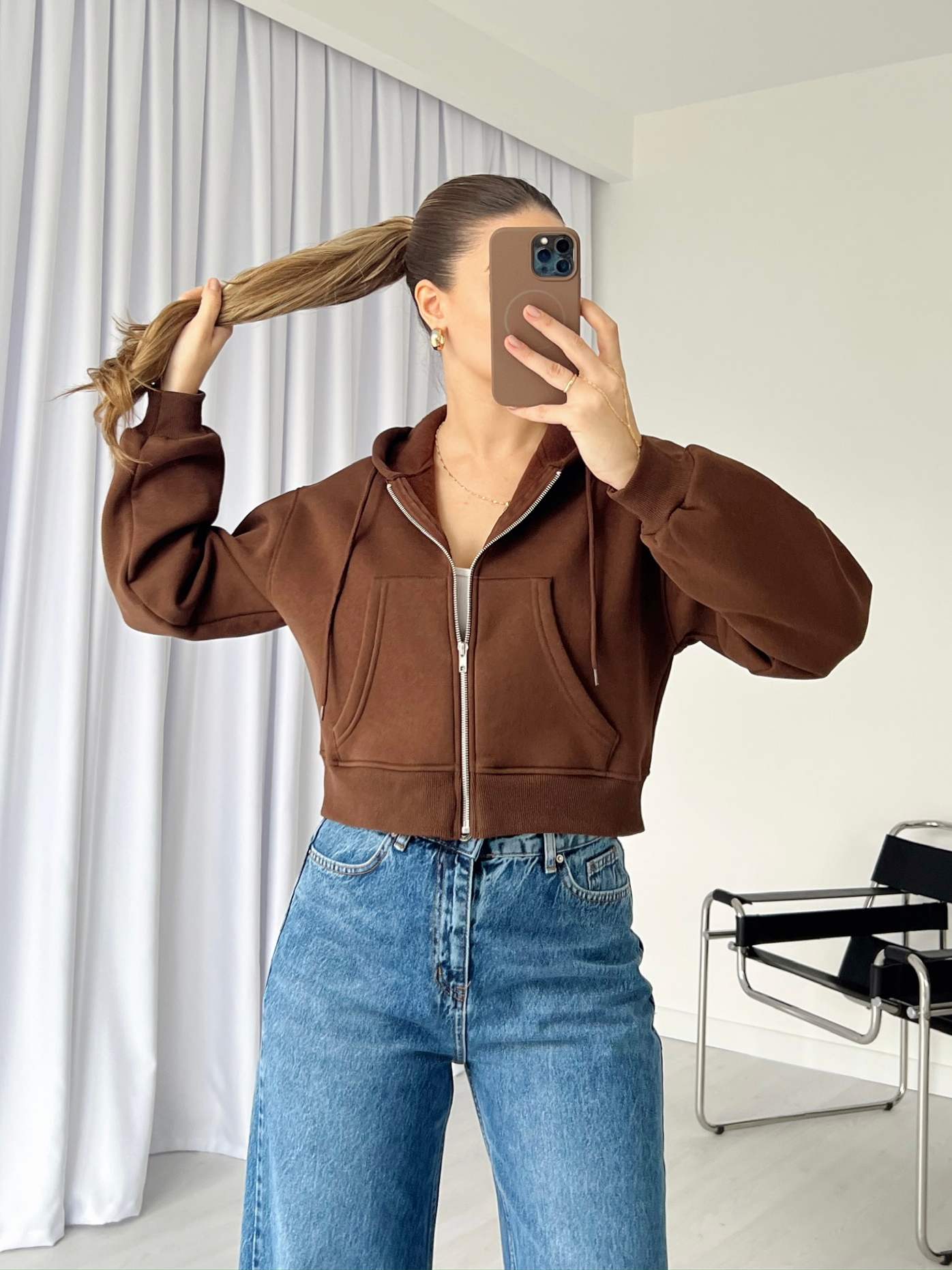 Fermuarlı Crop Basic Sweatshirt