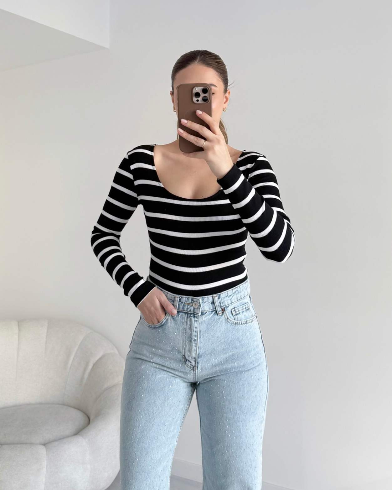 U Yaka Fitilli Bluz - Siyah-Beyaz